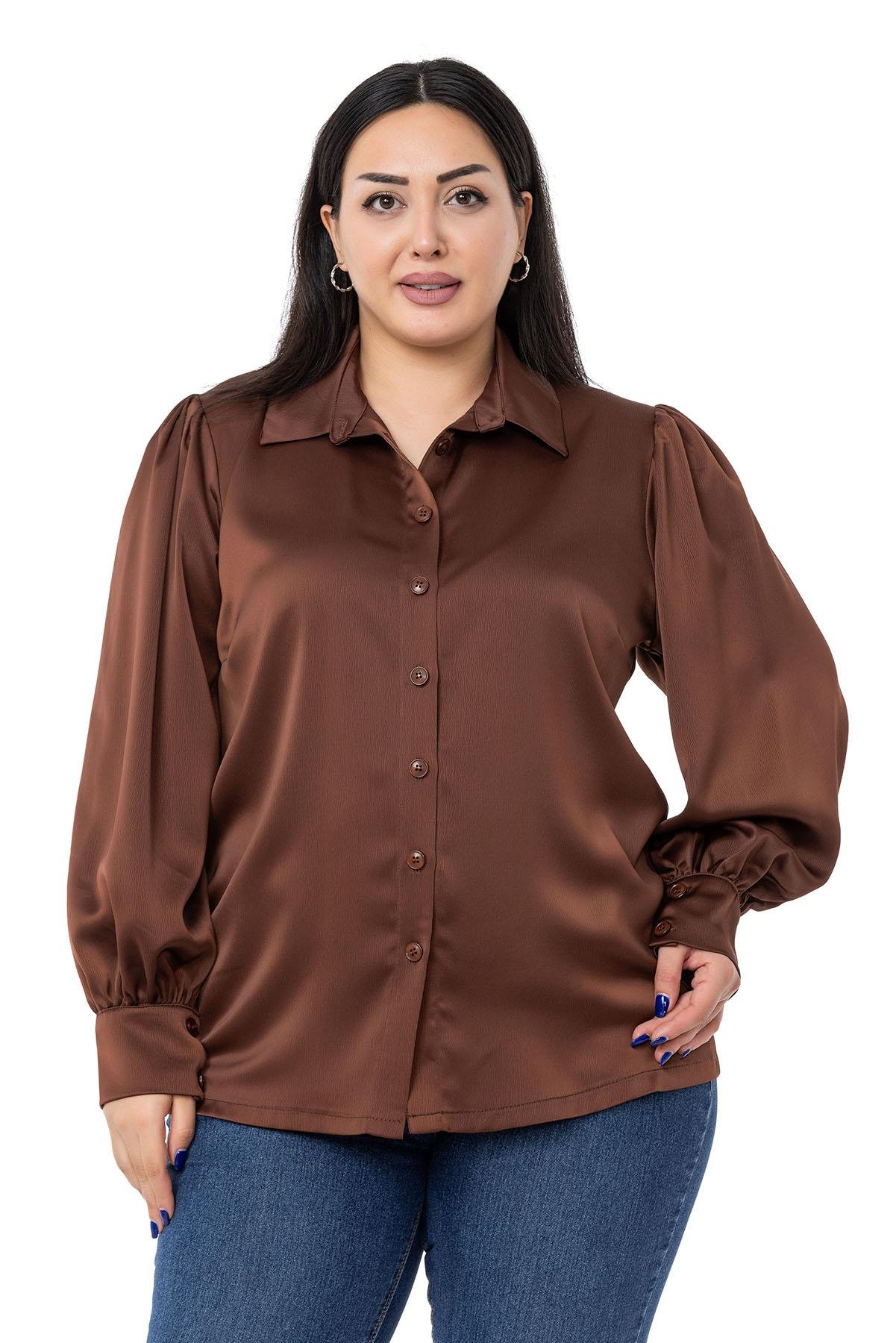 ShirtsDISENTIS MODEST GENC BUYUK BEDEN SATEN GOMLEKDISENTIS MODESTBüyük Beden Manşeti ve Kol Tepesi Büzgülü Saten Kahverengi Gömlek