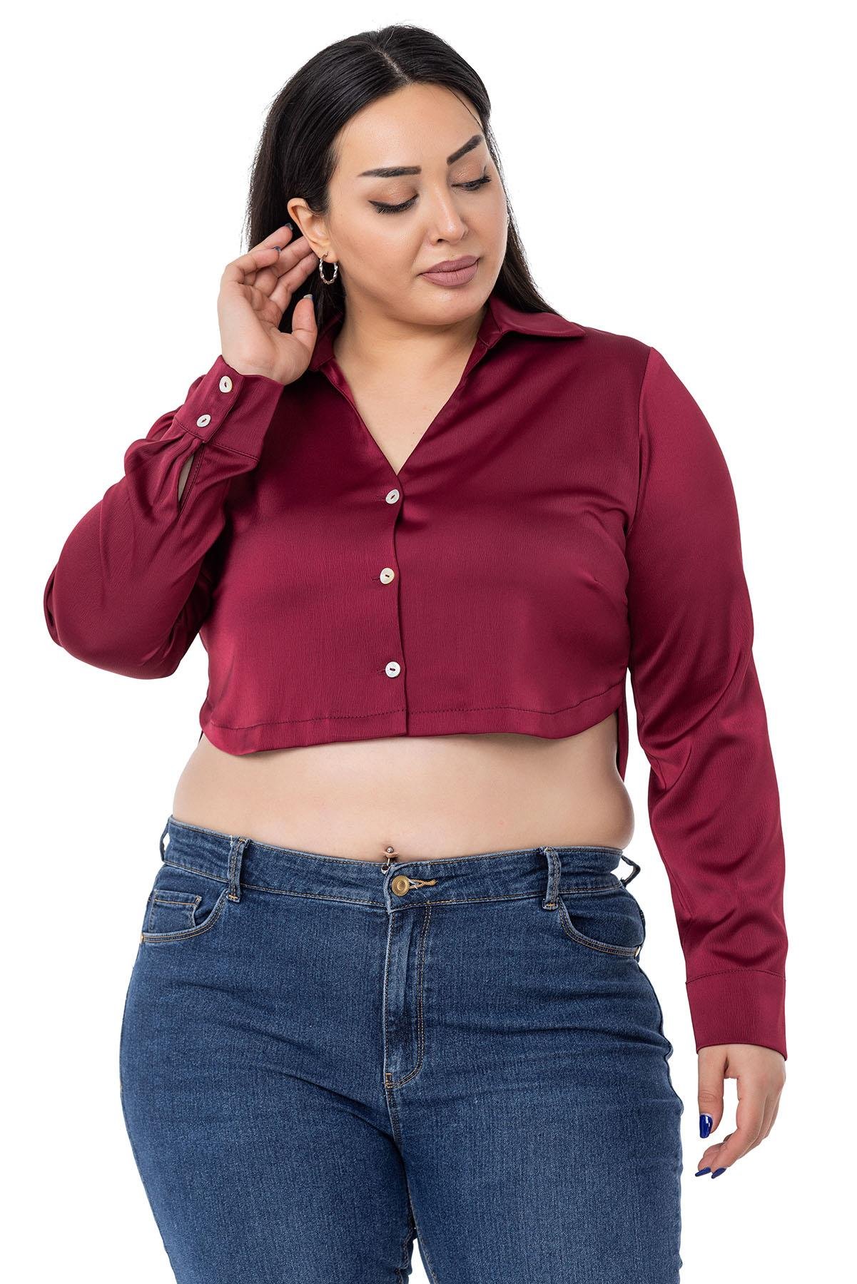 GömlekDISENTIS MODEST GENC BUYUK BEDEN SATEN CROP GOMLEKDISENTIS MODESTBüyük Beden Saten Manşetli Bordo Crop Gömlek