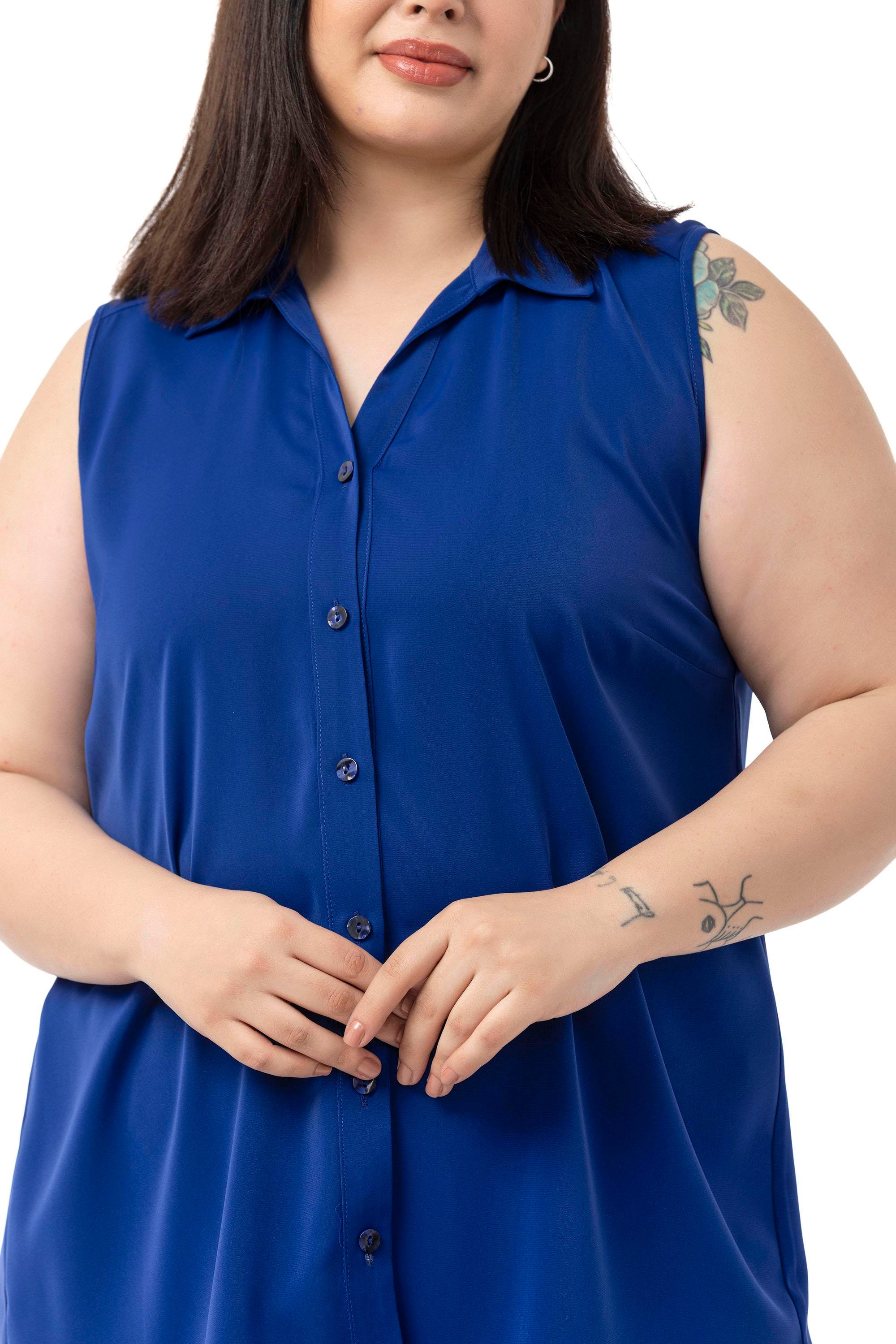 ShirtsDisentis Modest Büyük Beden Sırtta Plikaşe Detaylı Kolsuz Saks Mavi GömlekDISENTIS MODESTBüyük Beden Sırtta Plikaşe Detaylı Kolsuz Saks Mavi Gömlek