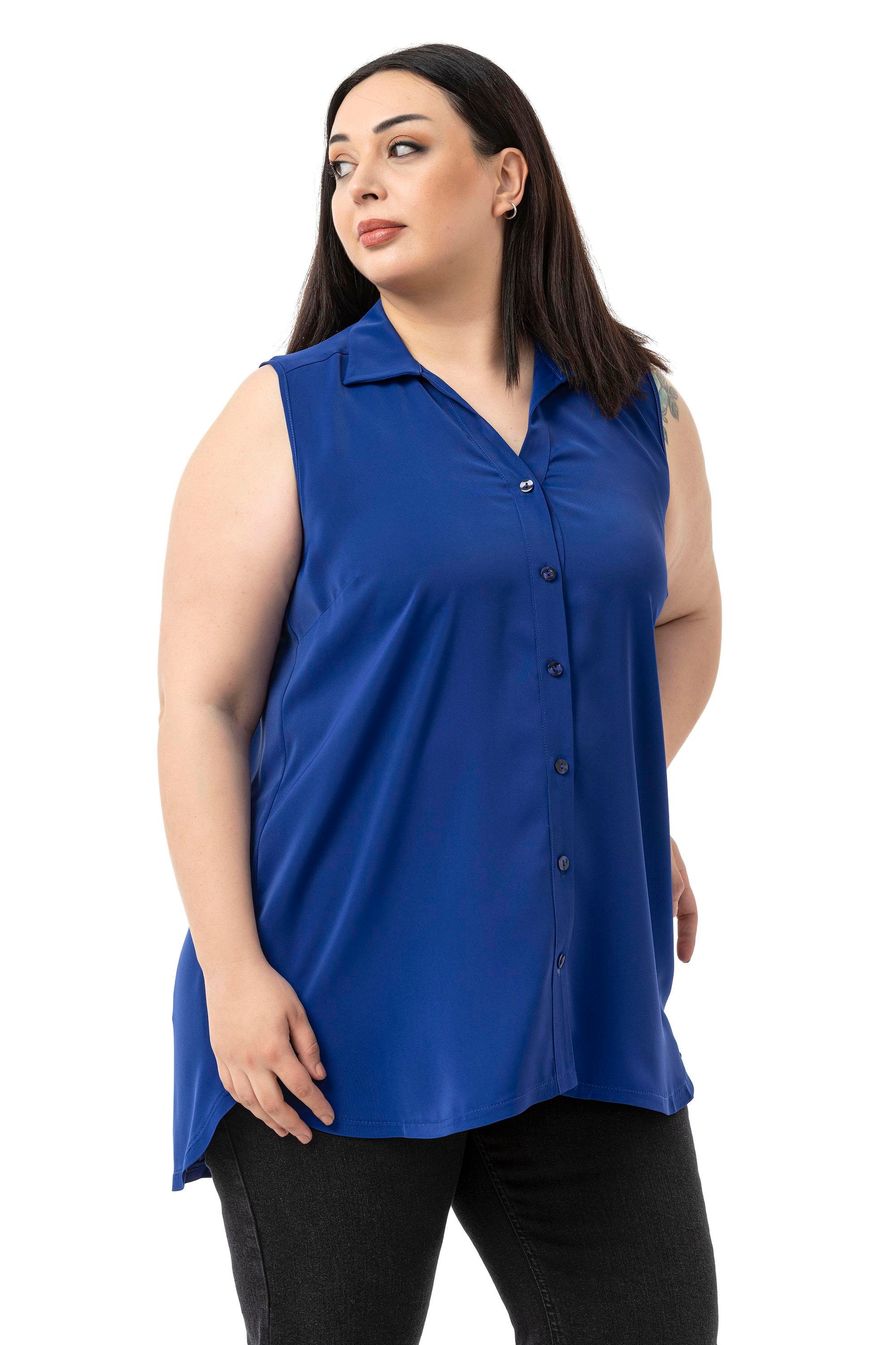 ShirtsDisentis Modest Büyük Beden Sırtta Plikaşe Detaylı Kolsuz Saks Mavi GömlekDISENTIS MODESTBüyük Beden Sırtta Plikaşe Detaylı Kolsuz Saks Mavi Gömlek