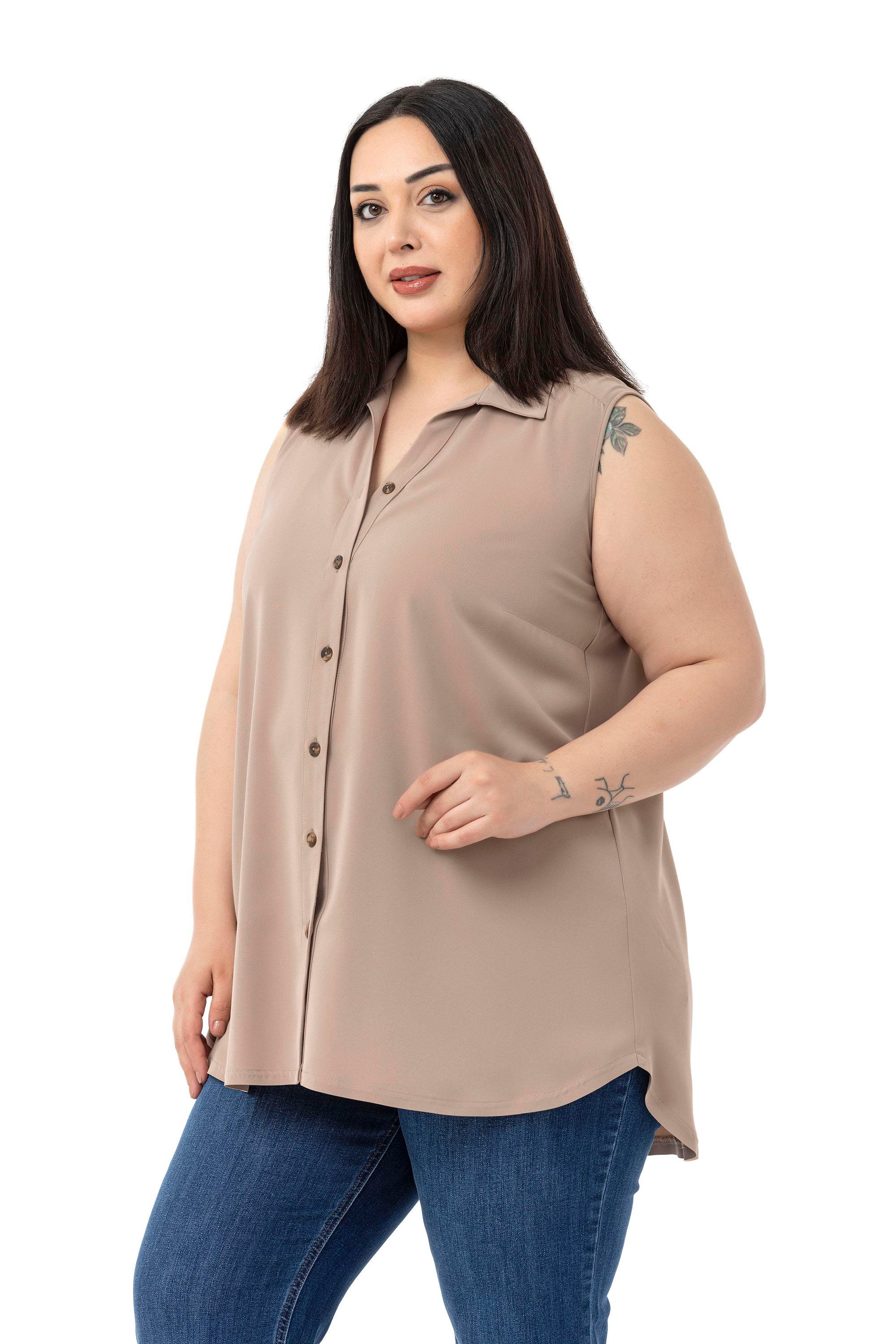 GömlekDisentis Modest Büyük Beden Sırtta Plikaşe Detaylı Kolsuz Vizon GömlekDISENTIS MODESTBüyük Beden Sırtta Plikaşe Detaylı Kolsuz Vizon Gömlek