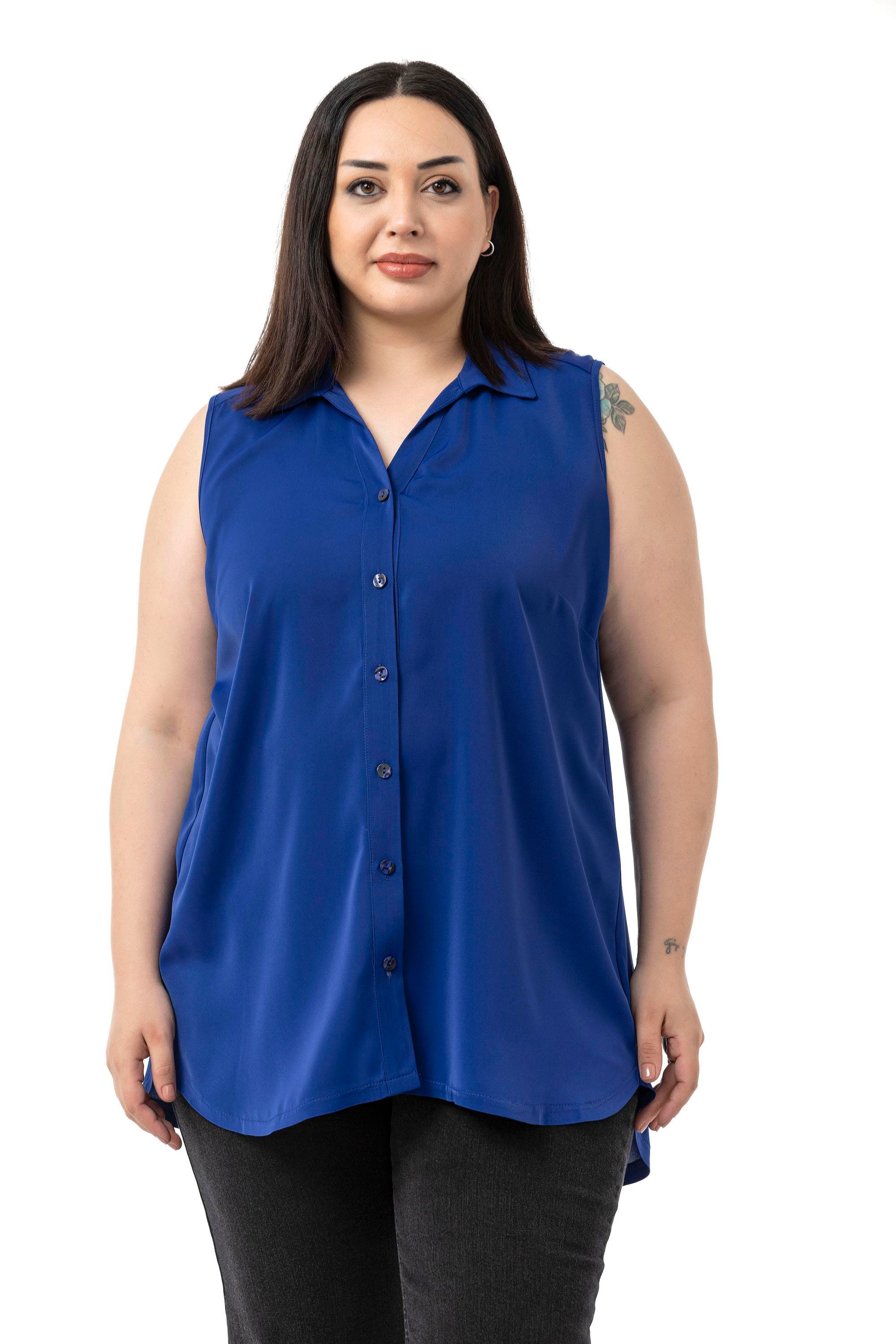 ShirtsDisentis Modest Büyük Beden Sırtta Plikaşe Detaylı Kolsuz Saks Mavi GömlekDISENTIS MODESTBüyük Beden Sırtta Plikaşe Detaylı Kolsuz Saks Mavi Gömlek