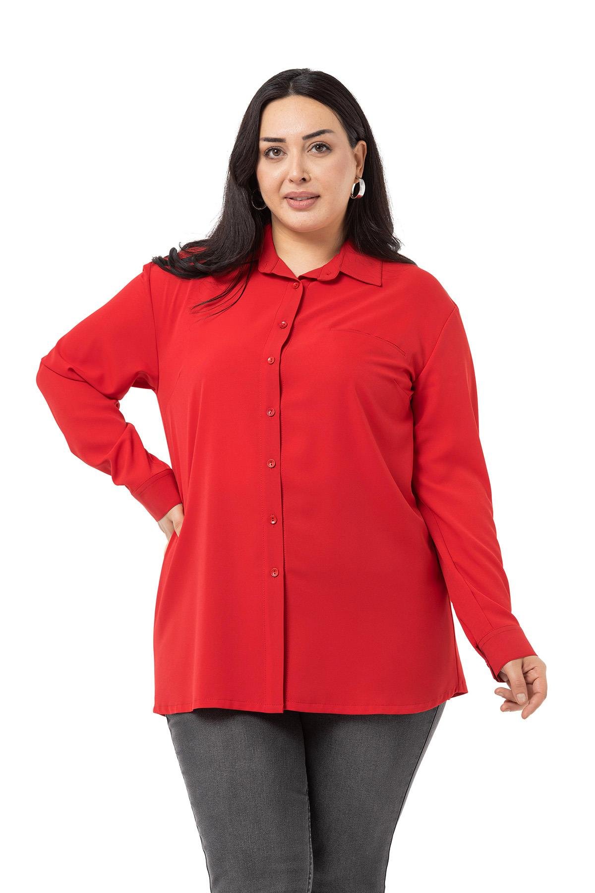 ShirtsDisentis Modest Büyük Beden Süs Fleto Cepli Manşetli Kırmızı GömlekDISENTIS MODESTBüyük Beden Süs Fleto Cepli Manşetli Kırmızı Gömlek