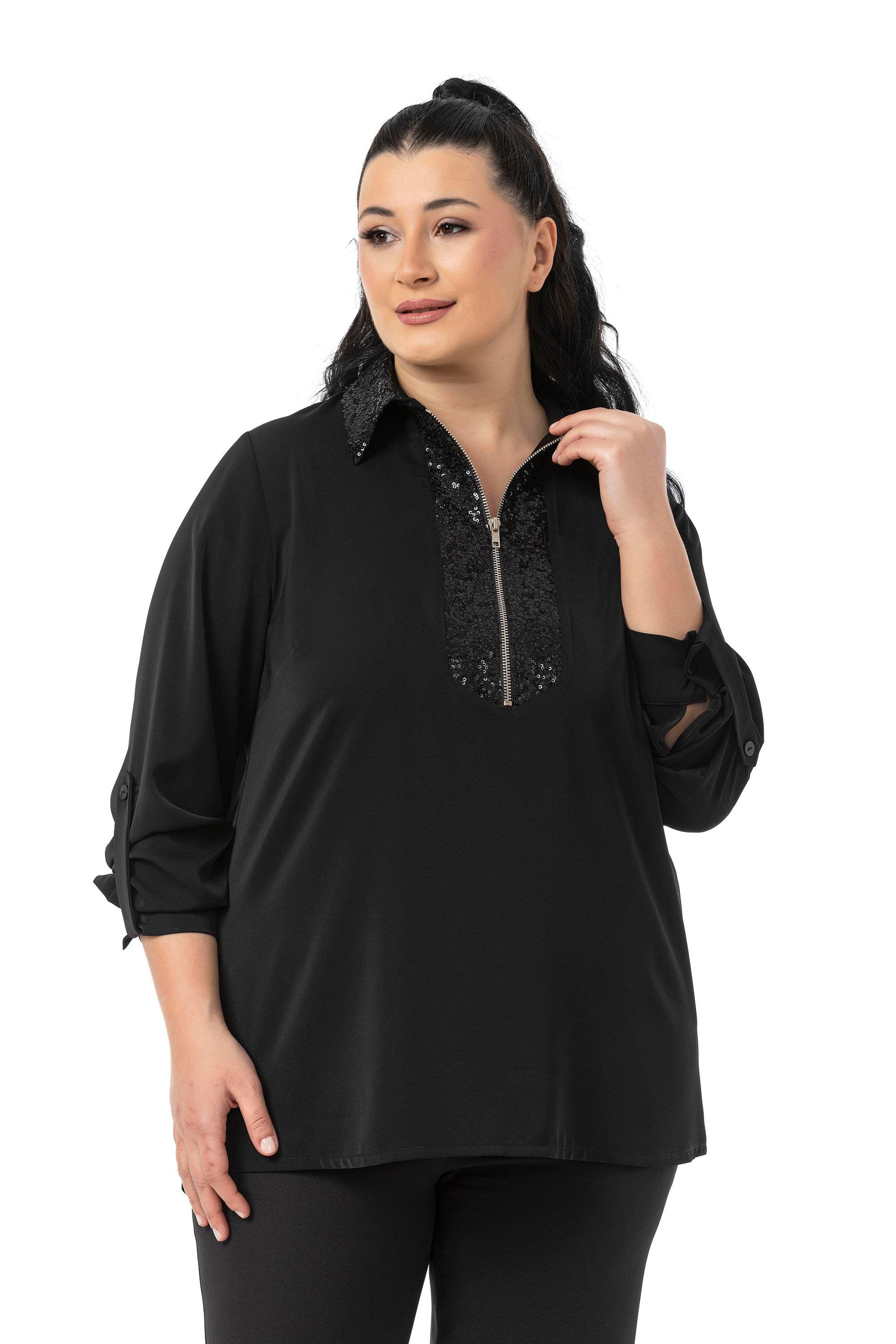 ShirtsDisentis Modest Büyük Beden Yakası ve Önü Pul Payetli Fermuarlı Katlamalı Kollu Siyah GömlekDISENTIS MODESTBüyük Beden Yakası ve Önü Pul Payetli Fermuarlı Katlamalı Kollu Siyah Gömlek