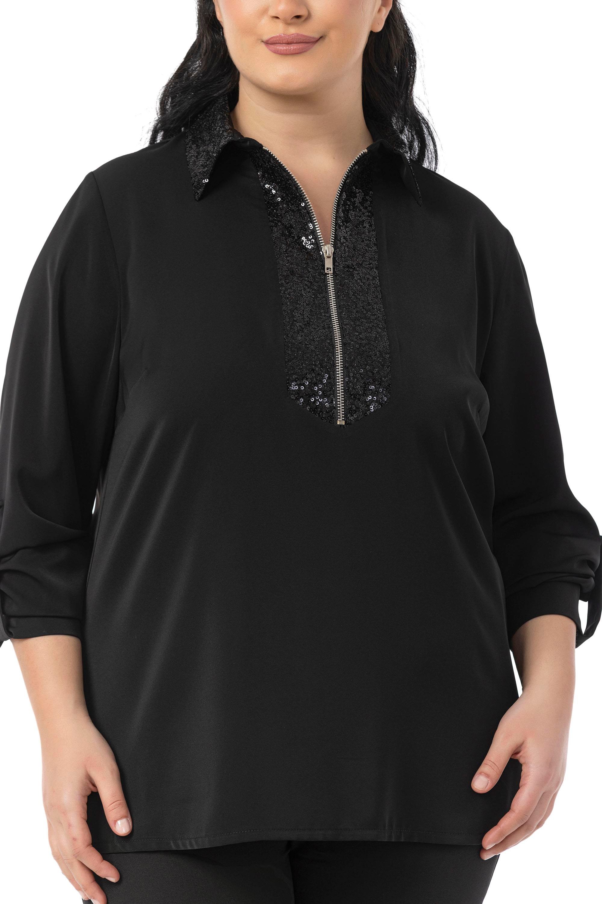 ShirtsDisentis Modest Büyük Beden Yakası ve Önü Pul Payetli Fermuarlı Katlamalı Kollu Siyah GömlekDISENTIS MODESTBüyük Beden Yakası ve Önü Pul Payetli Fermuarlı Katlamalı Kollu Siyah Gömlek