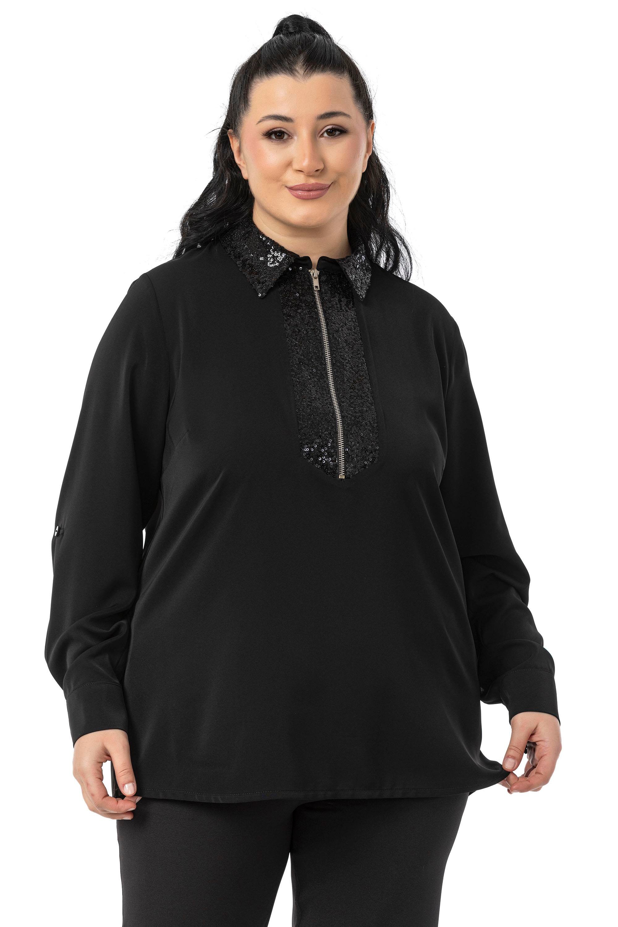 ShirtsDisentis Modest Büyük Beden Yakası ve Önü Pul Payetli Fermuarlı Katlamalı Kollu Siyah GömlekDISENTIS MODESTBüyük Beden Yakası ve Önü Pul Payetli Fermuarlı Katlamalı Kollu Siyah Gömlek