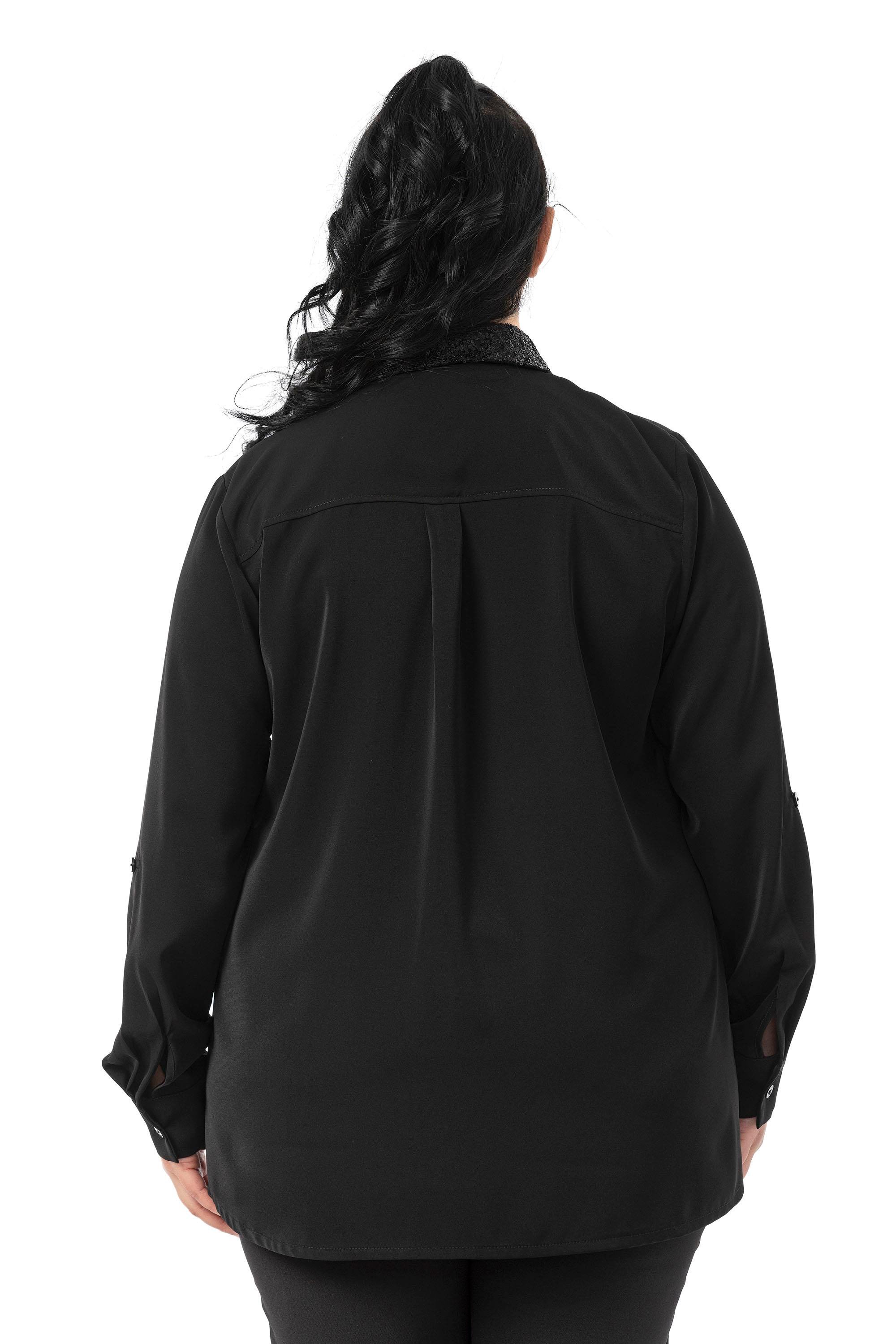 ShirtsDisentis Modest Büyük Beden Yakası ve Önü Pul Payetli Fermuarlı Katlamalı Kollu Siyah GömlekDISENTIS MODESTBüyük Beden Yakası ve Önü Pul Payetli Fermuarlı Katlamalı Kollu Siyah Gömlek