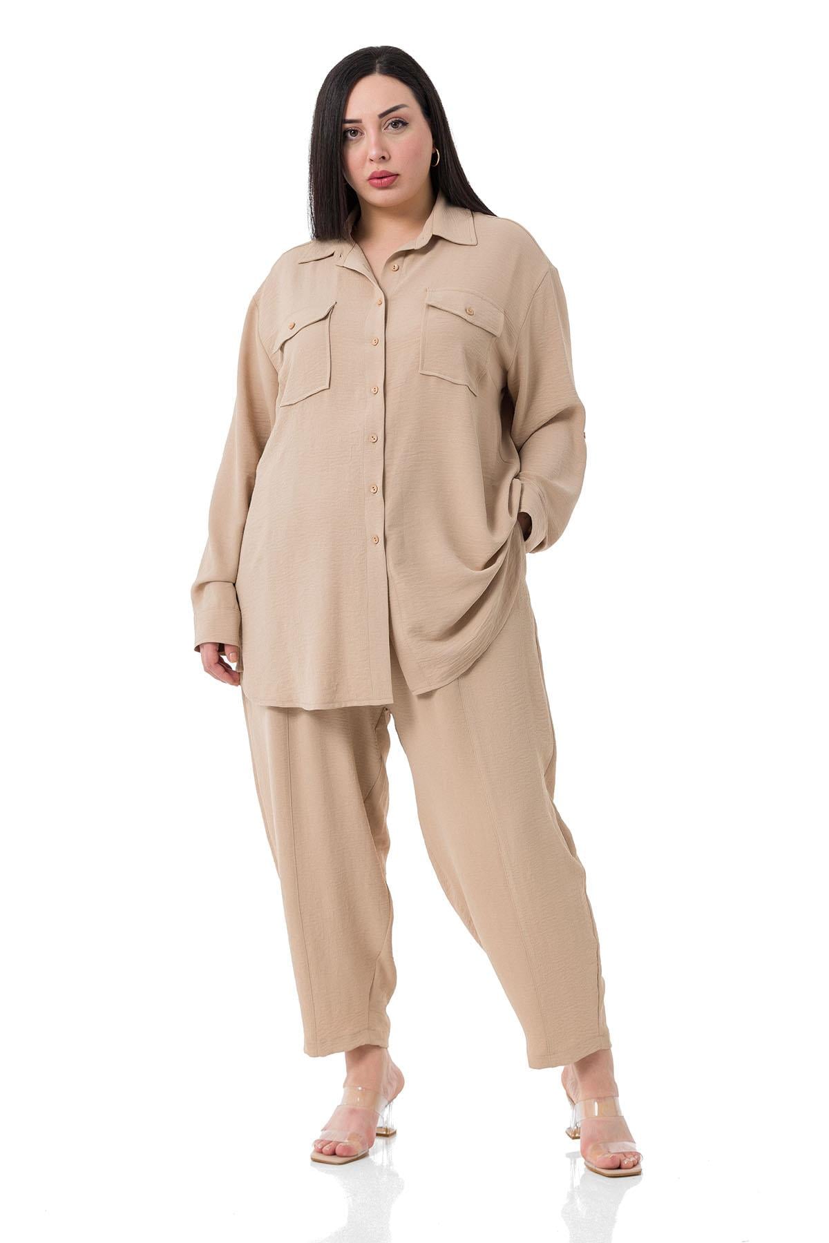 Shirt&Pants setsDISENTIS MODEST GENC BUYUK BEDEN GÖMLEK PANTOLON TAKIMDISENTIS MODESTBüyük Beden Gömlek Pantolon Bej İkili Takım