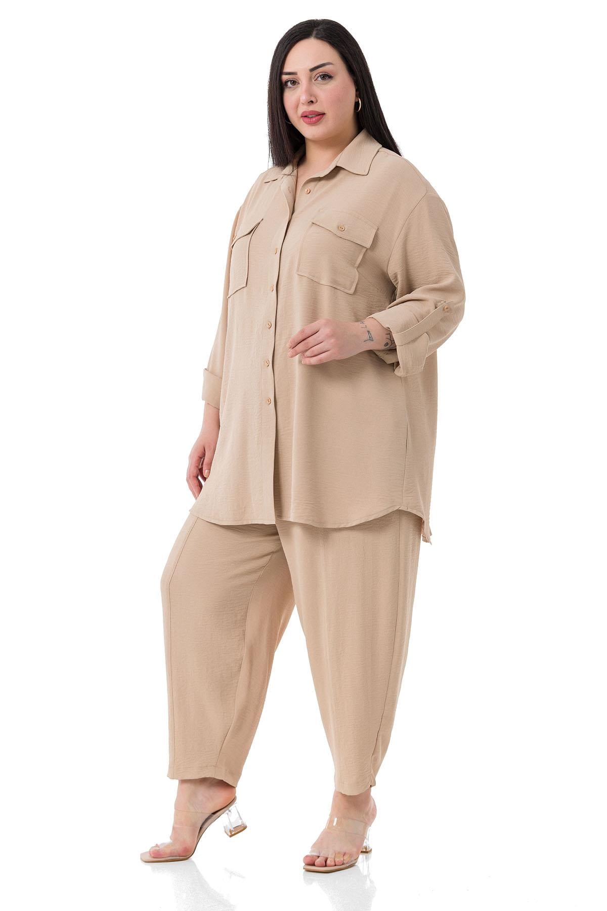 Shirt&Pants setsDISENTIS MODEST GENC BUYUK BEDEN GÖMLEK PANTOLON TAKIMDISENTIS MODESTBüyük Beden Gömlek Pantolon Bej İkili Takım