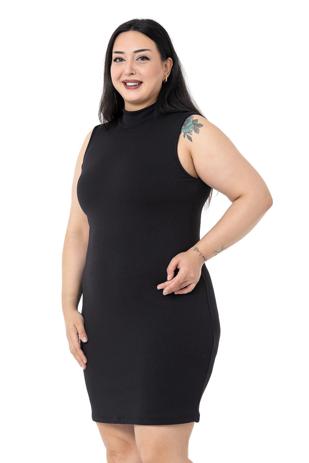 Günlük ElbiseDISENTIS, BÜYÜK BEDEN, BÜYÜK BEDEN ELBİSE, STREÇ ELBİSE, BIG SIZEDISENTIS MODESTBüyük Beden Yarım Balıkçı Kaşkorse İçi Şardonlu Kolsuz Streç Kısa Siyah Elbise