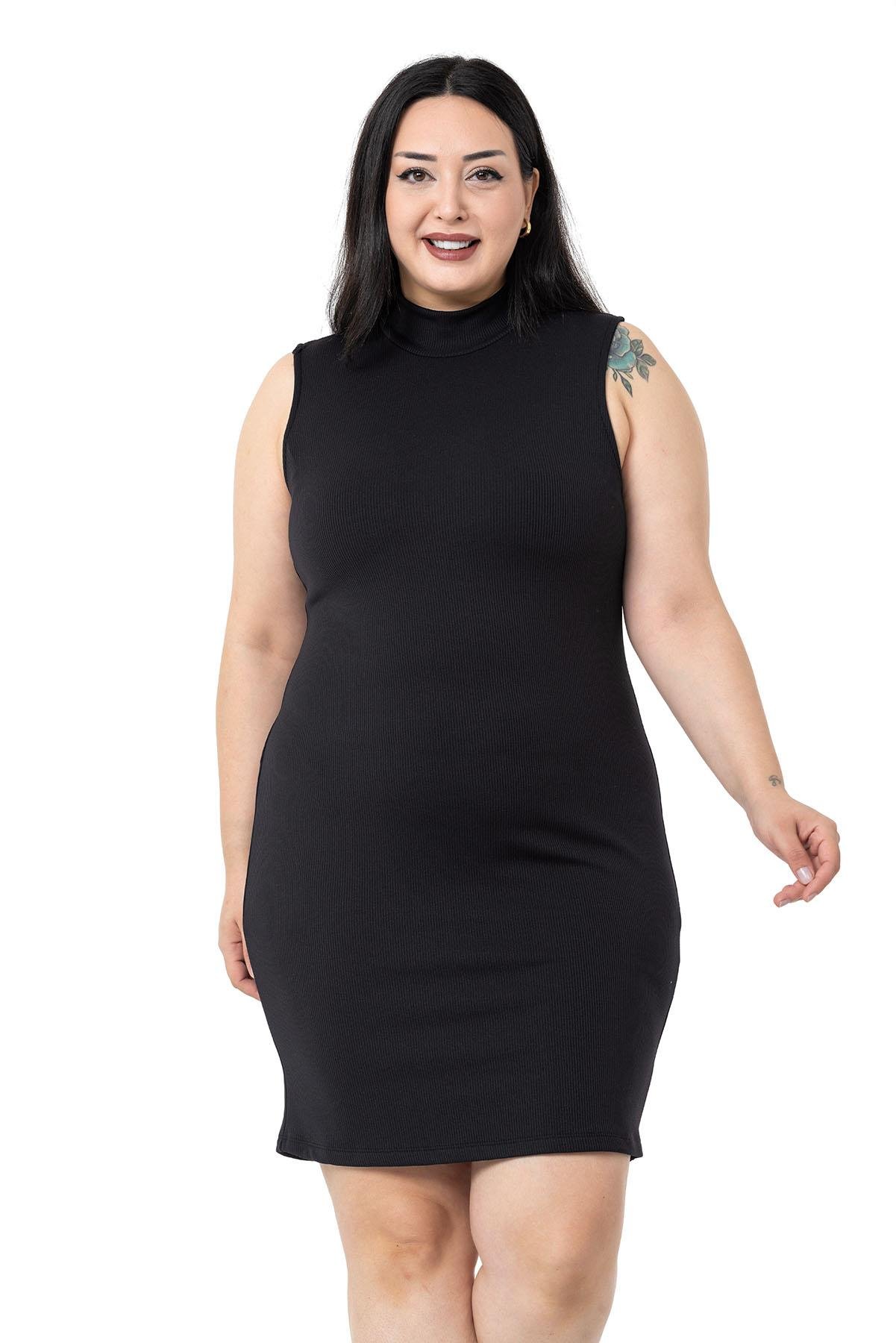 Günlük ElbiseDISENTIS, BÜYÜK BEDEN, BÜYÜK BEDEN ELBİSE, STREÇ ELBİSE, BIG SIZEDISENTIS MODESTBüyük Beden Yarım Balıkçı Kaşkorse İçi Şardonlu Kolsuz Streç Kısa Siyah Elbise