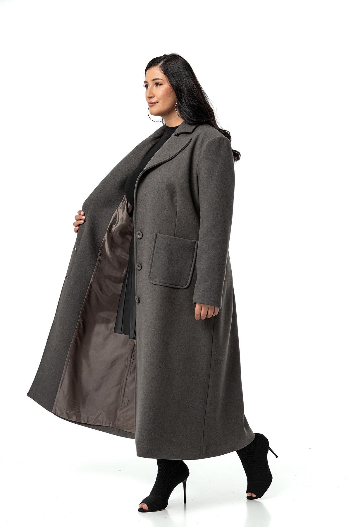 KabanDisentis Modest Büyük Beden Ceket Yaka Torba Cepli Astarlı Uzun Gri Kaşe KabanDISENTIS MODESTBüyük Beden Ceket Yaka Torba Cepli Astarlı Uzun Gri Kaşe Kaban