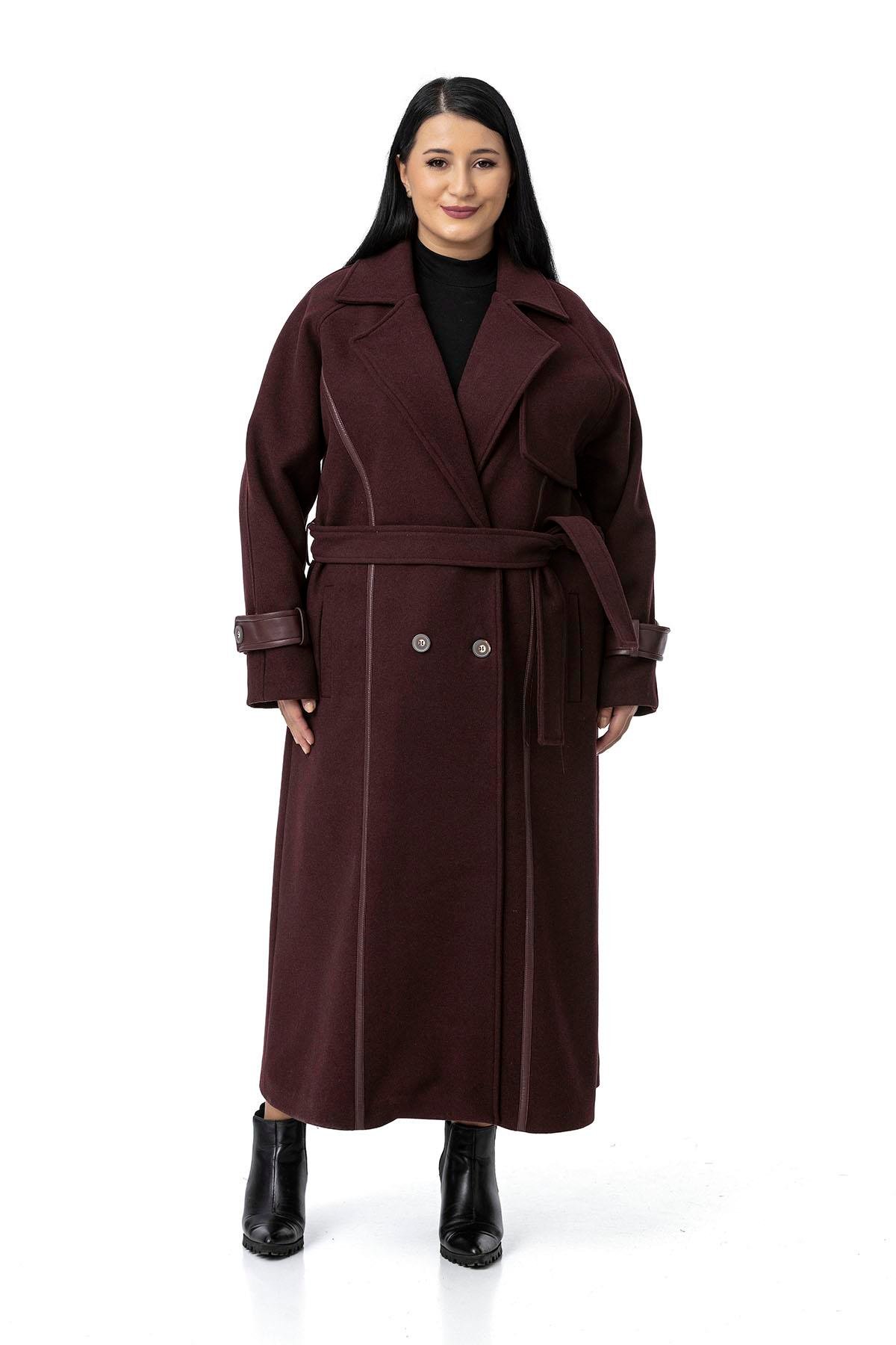 CoatsDisentis Modest Büyük Beden Deri Biye Detaylı Fleto Cepli Kuşaklı Astarlı Kaşe Uzun Bordo KabanDISENTIS MODESTBüyük Beden Deri Biye Detaylı Fleto Cepli Kuşaklı Astarlı Kaşe Uzun Bordo Kaban