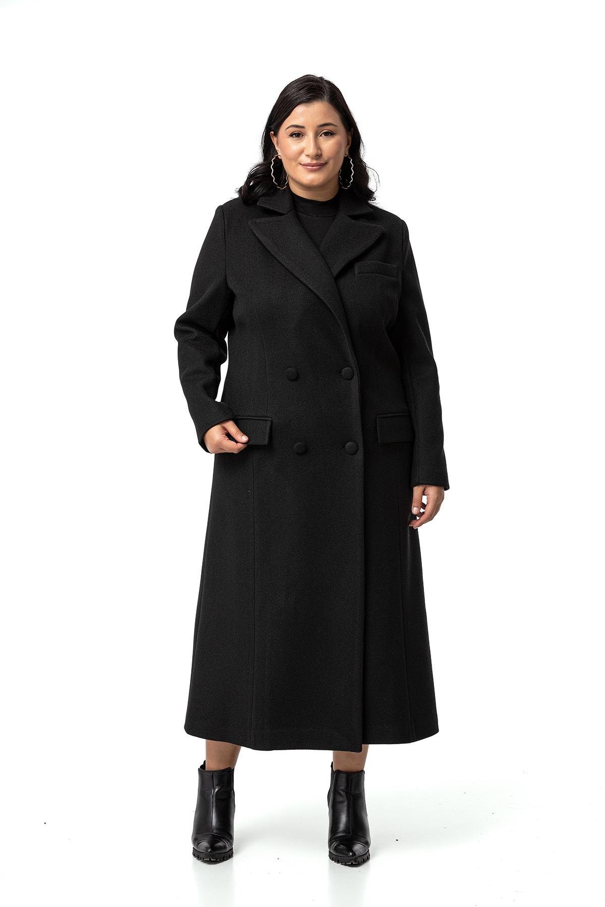 KabanDisentis Modest Büyük Beden Kaplama Düğmeli Cepli Astarlı Uzun Siyah Kaşe KabanDISENTIS MODESTBüyük Beden Kaplama Düğmeli Cepli Astarlı Uzun Siyah Kaşe Kaban