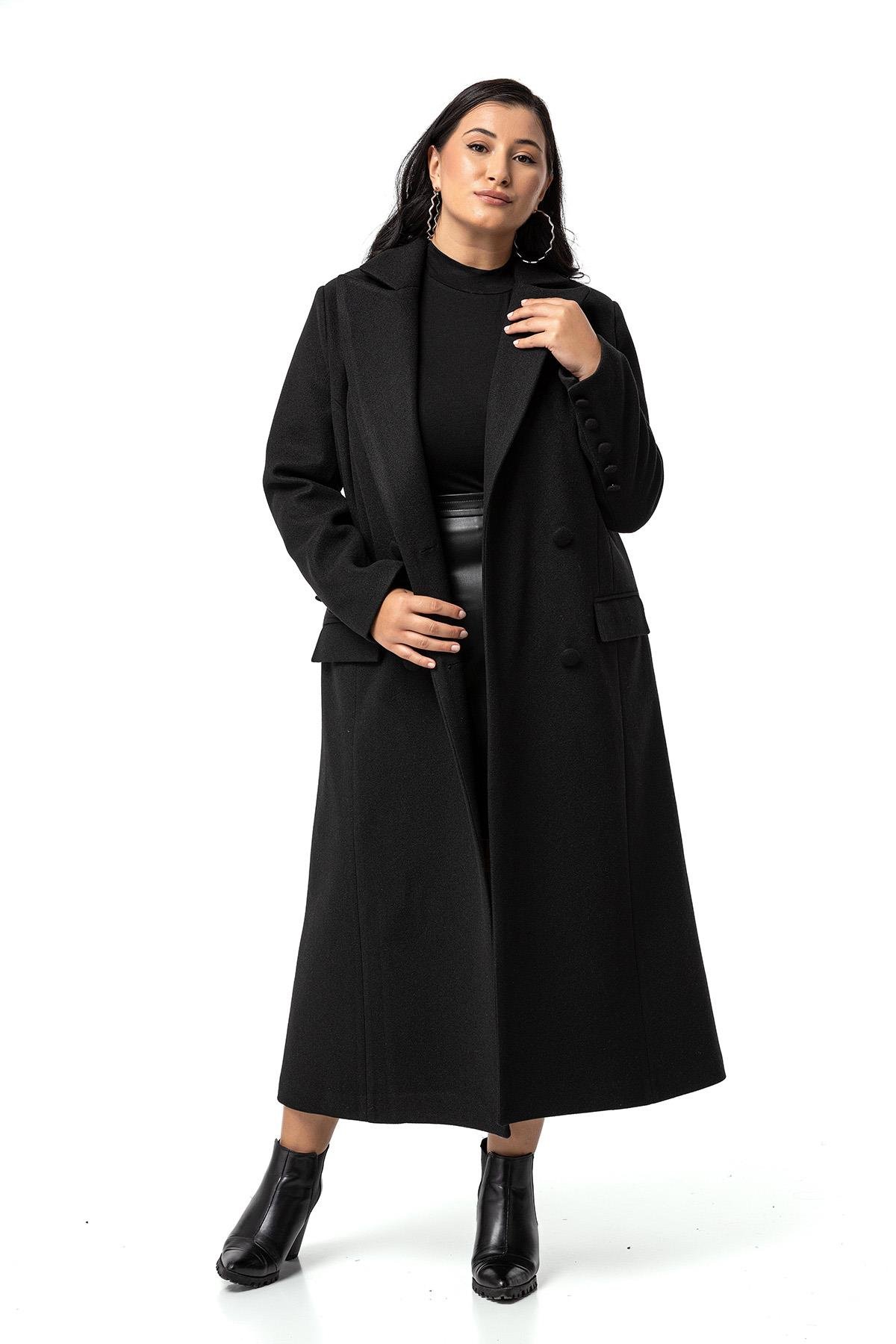 KabanDisentis Modest Büyük Beden Kaplama Düğmeli Cepli Astarlı Uzun Siyah Kaşe KabanDISENTIS MODESTBüyük Beden Kaplama Düğmeli Cepli Astarlı Uzun Siyah Kaşe Kaban