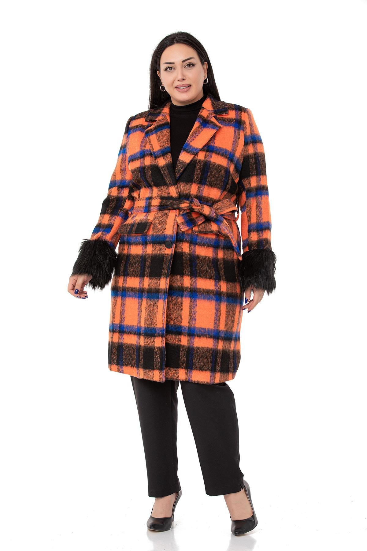 CoatsDISENTIS MODESTBüyük Beden Kolları Kürklü Cepli Astarlı Turuncu Kaban