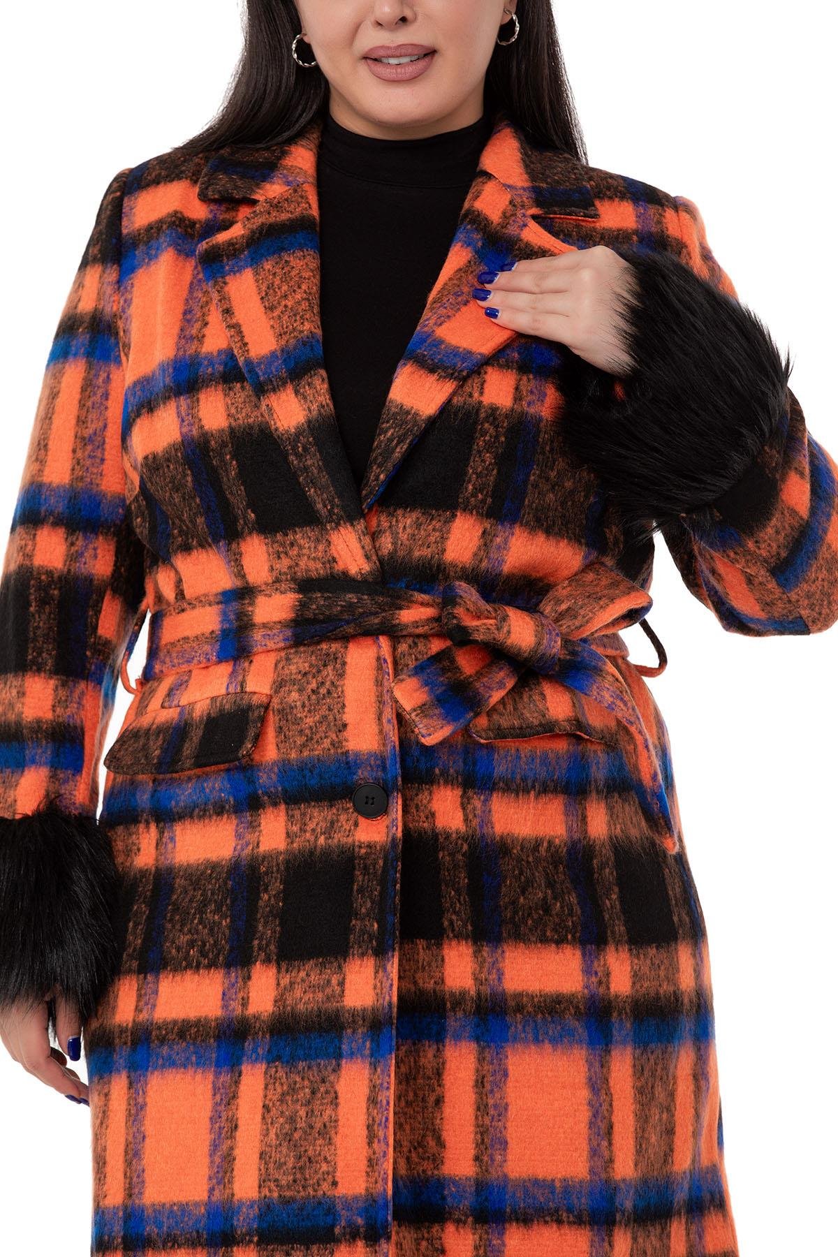 CoatsDISENTIS MODESTBüyük Beden Kolları Kürklü Cepli Astarlı Turuncu Kaban