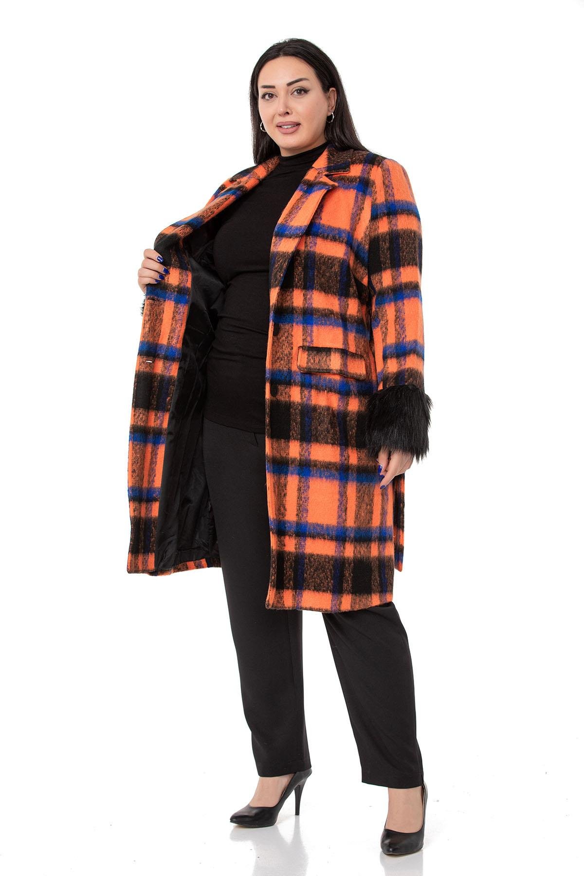 CoatsDISENTIS MODESTBüyük Beden Kolları Kürklü Cepli Astarlı Turuncu Kaban