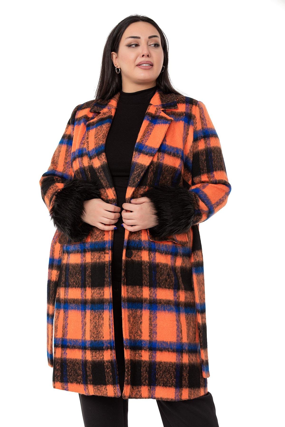 CoatsDISENTIS MODESTBüyük Beden Kolları Kürklü Cepli Astarlı Turuncu Kaban