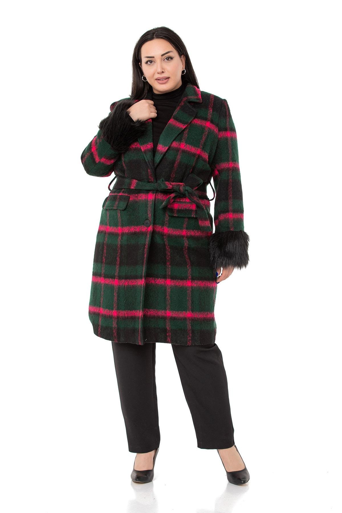 CoatsDISENTIS MODESTBüyük Beden Kolları Kürklü Cepli Astarlı Zümrüt Rengi Kaban