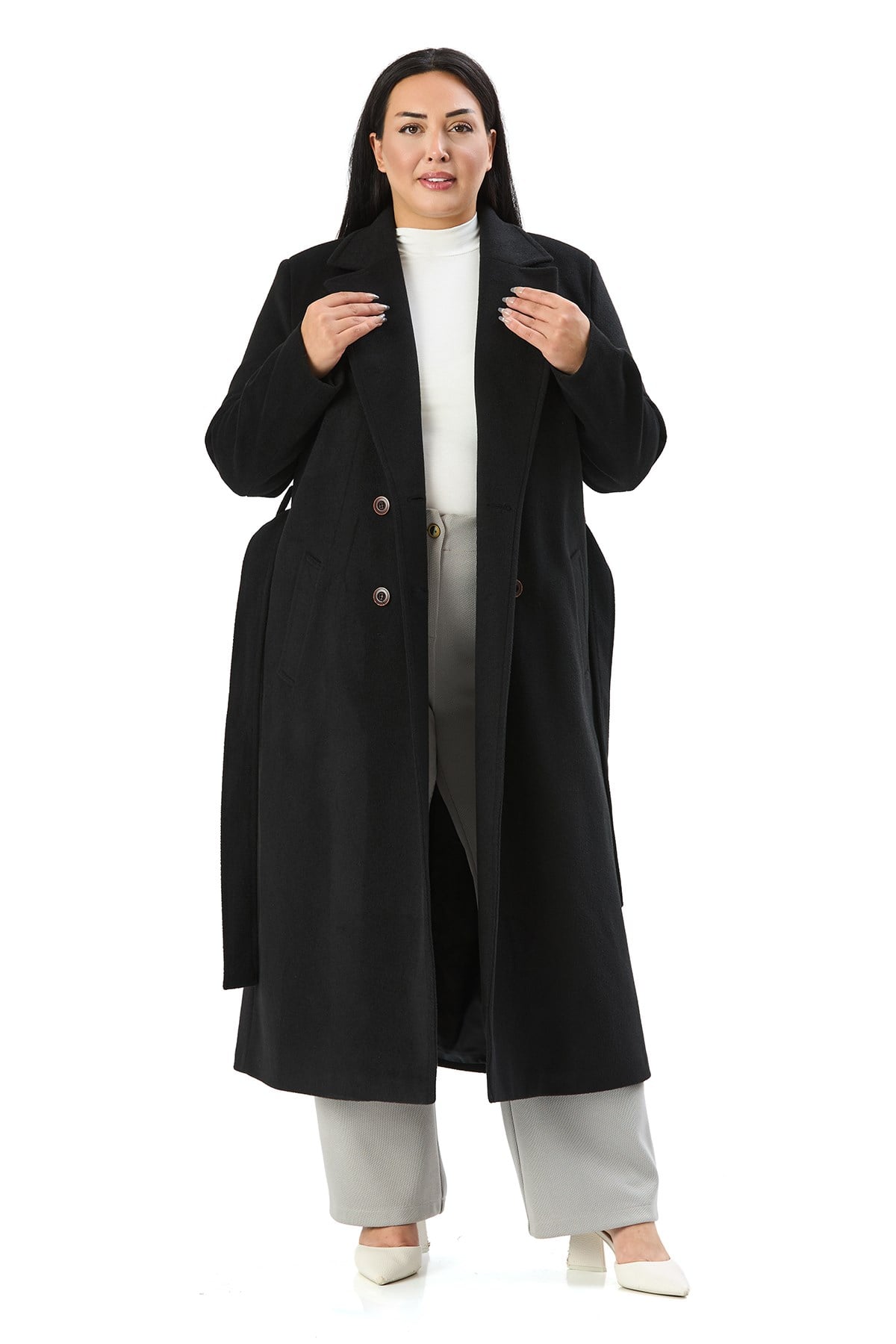 OvercoatsDisentis Modest Büyük Beden Kruvaze Kapamalı Kuşaklı Yırtmaçlı Astarlı Kaşe Uzun Siyah KabanDISENTIS MODESTBüyük Beden Kruvaze Kapamalı Kuşaklı Yırtmaçlı Astarlı Kaşe Uzun Siyah Kaban