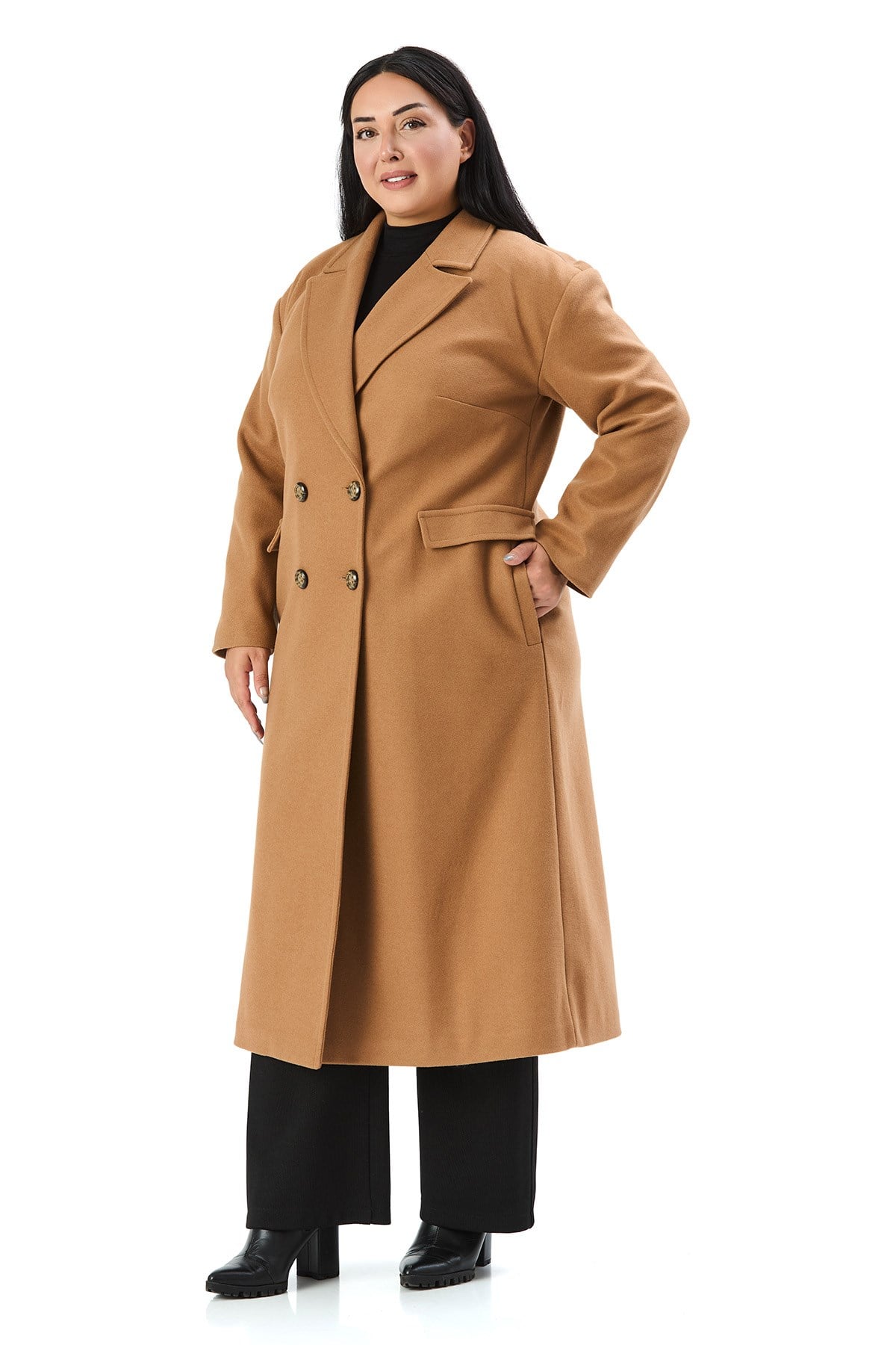OvercoatsDisentis Modest Büyük Beden Kruvaze Kapamalı Süs Cep Kapaklı Astarlı Yırtmaçlı Kaşe Uzun Camel Kaban DISENTIS MODESTBüyük Beden Kruvaze Kapamalı Süs Cep Kapaklı Astarlı Yırtmaçlı Kaşe Uzun Camel Kaban