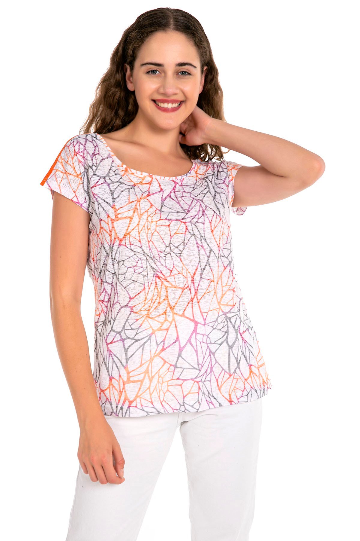 Kayık Yaka Düşük Omuzlu Turuncu Şerit Detaylı T-Shirt