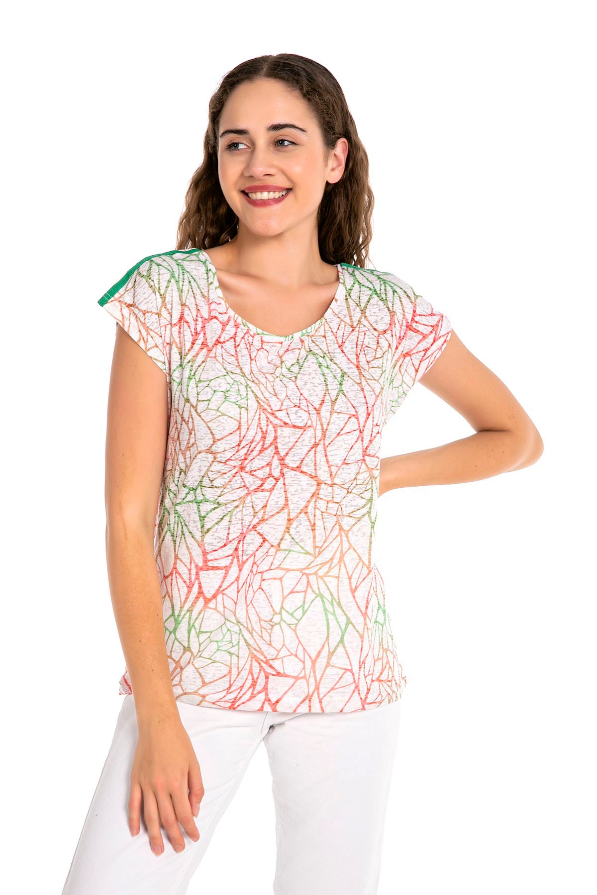 Kayık Yaka Düşük Omuzlu Yeşil Şerit Detaylı T-Shirt