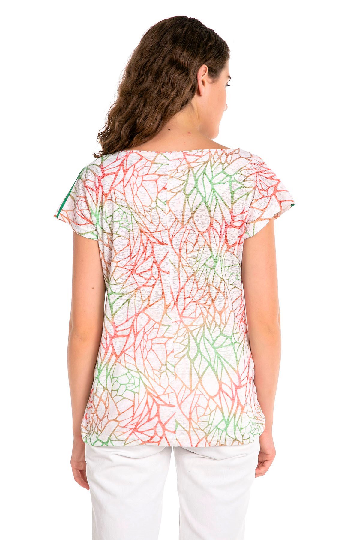 Kayık Yaka Düşük Omuzlu Yeşil Şerit Detaylı T-Shirt