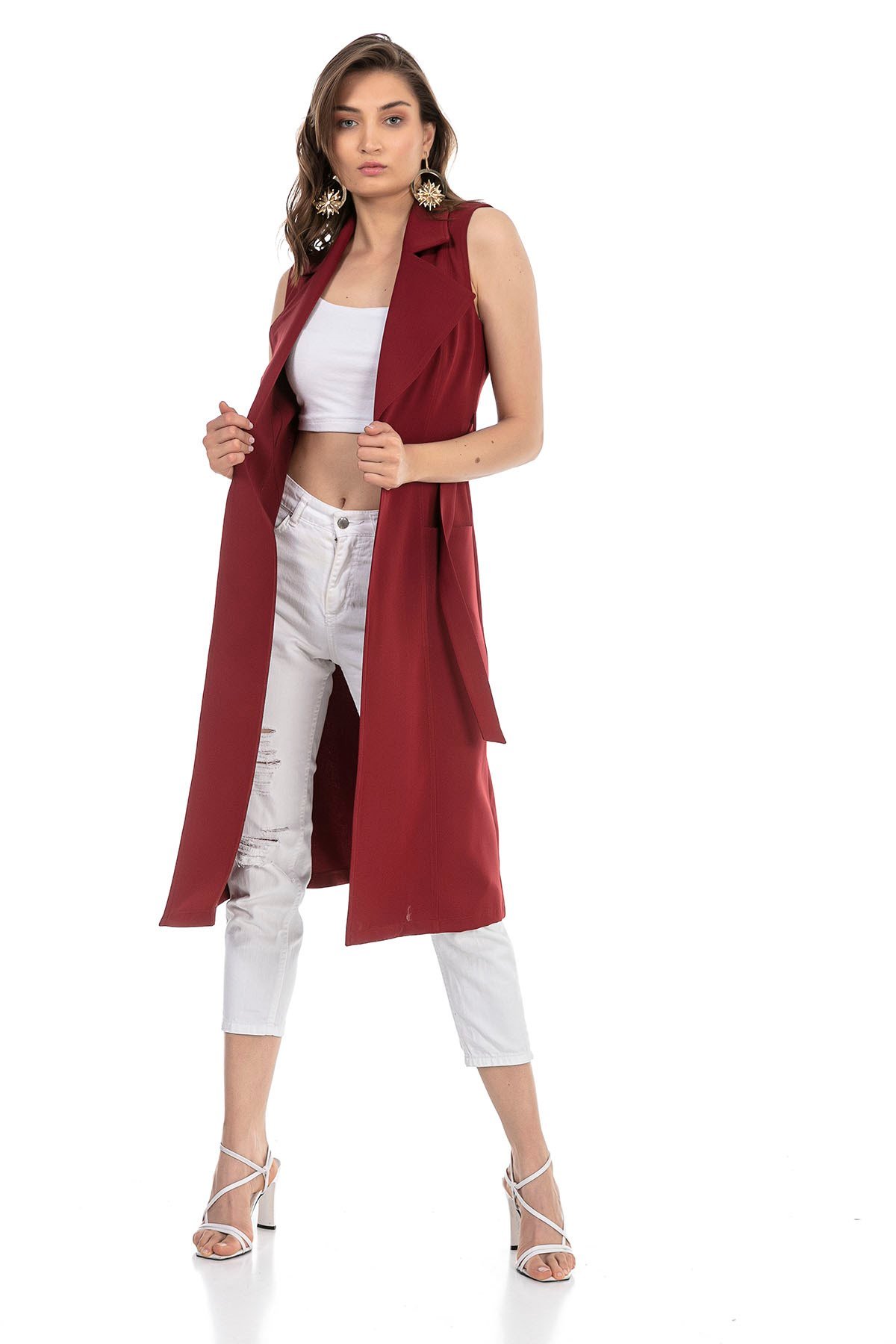 Klasik Yaka Midi Boy Cepli ve Kuşaklı Bordo Yelek