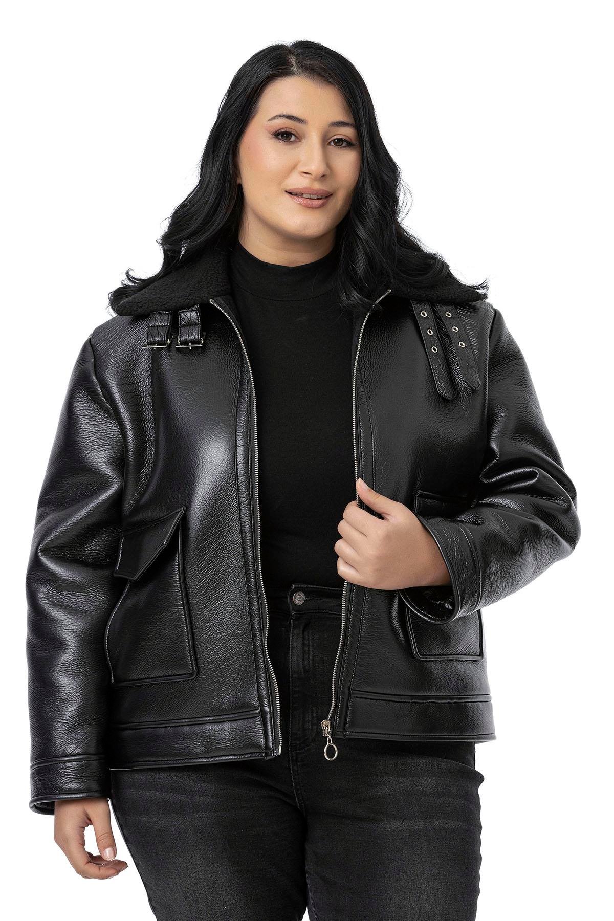 MontDisentis Modest Büyük Beden İçi Kürklü Fermuarlı Yakası Toka Detaylı Siyah Deri MontDISENTIS MODESTBüyük Beden İçi Kürklü Fermuarlı Yakası Toka Detaylı Siyah Deri Mont