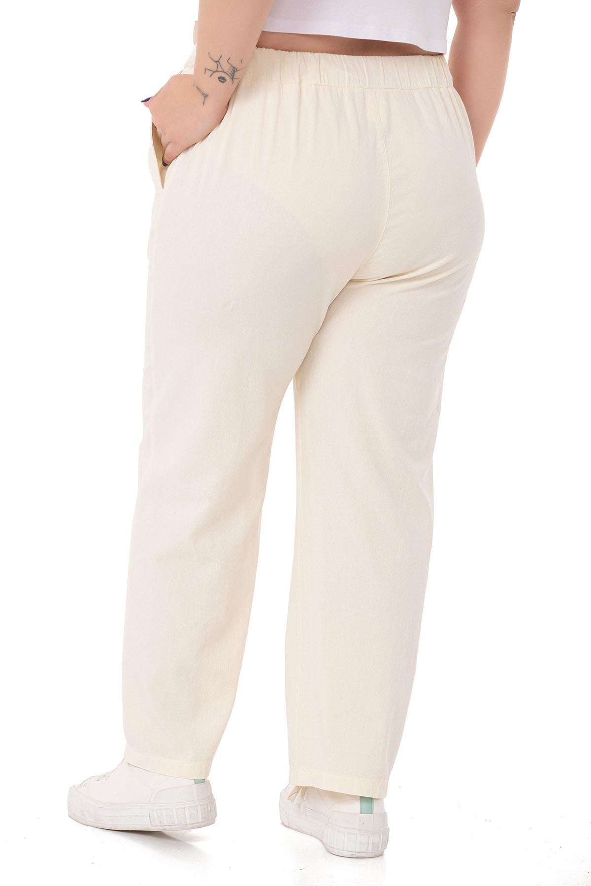 PantolonDISENTIS MODEST GENC BUYUK BEDEN PARCA BOYALI PANTOLONDISENTIS MODESTBüyük Beden Beli Lastikli ve İp Büzgü Detaylı Ekru Pantolon