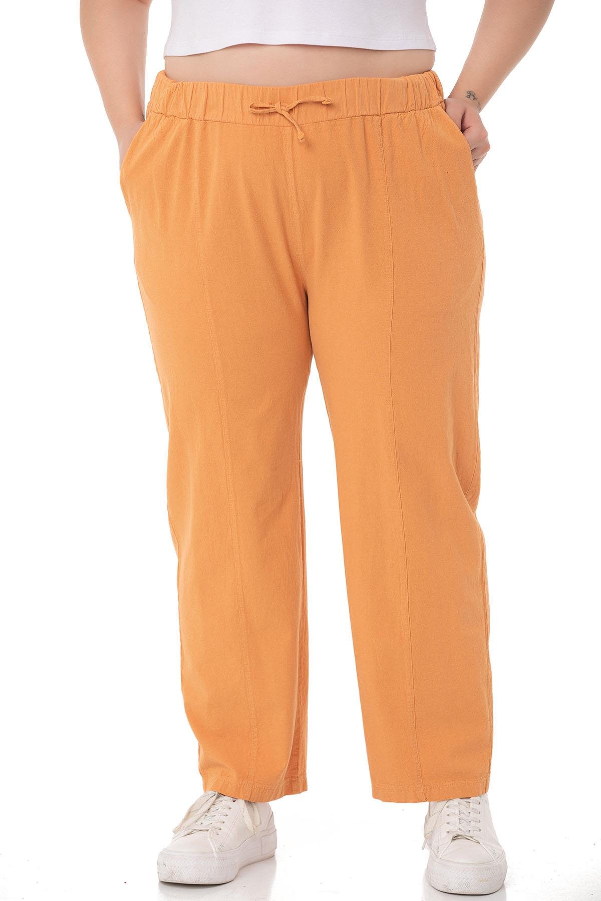 PantolonDISENTIS MODEST GENC BUYUK BEDEN PARCA BOYALI PANTOLONDISENTIS MODESTBüyük Beden Beli Lastikli ve İp Büzgü Detaylı Hardal Pantolon