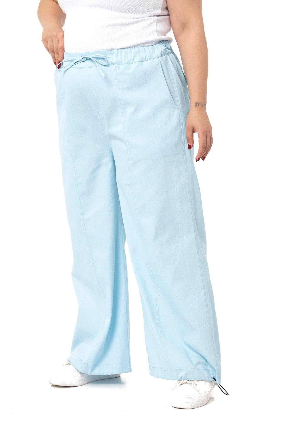 PantolonDISENTIS MODEST GENC BUYUK BEDEN GABARDIN PANTOLONDISENTIS MODESTBüyük Beden Geniş Paça Bağlama Detaylı Gabardin Bebe Mavi Pantolon