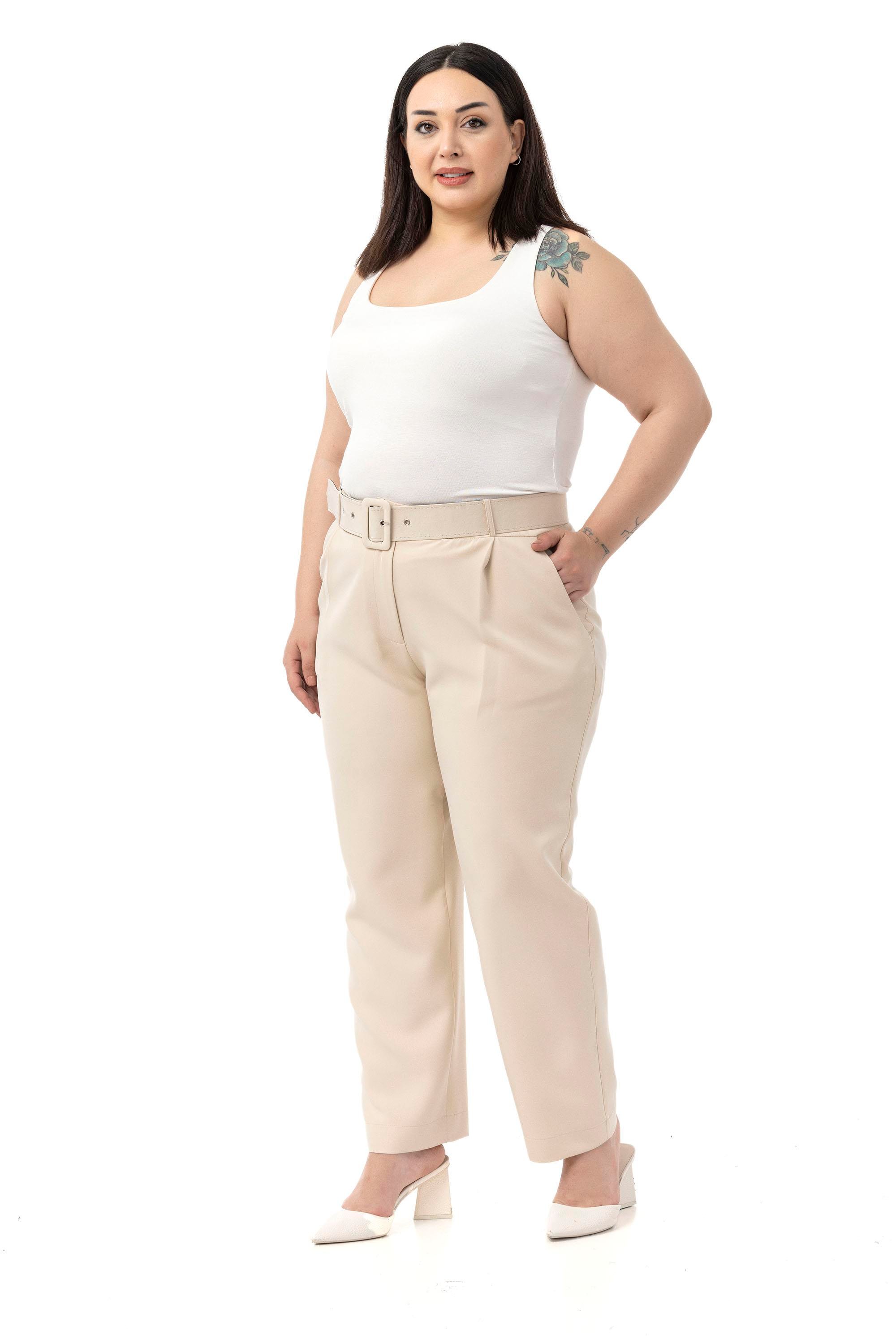 PantsDisentis Modest Büyük Beden Önü Pileli Cepli Kemerli Bej Rengi PantolonDISENTIS MODESTBüyük Beden Önü Pileli Cepli Kemerli Bej Rengi Pantolon