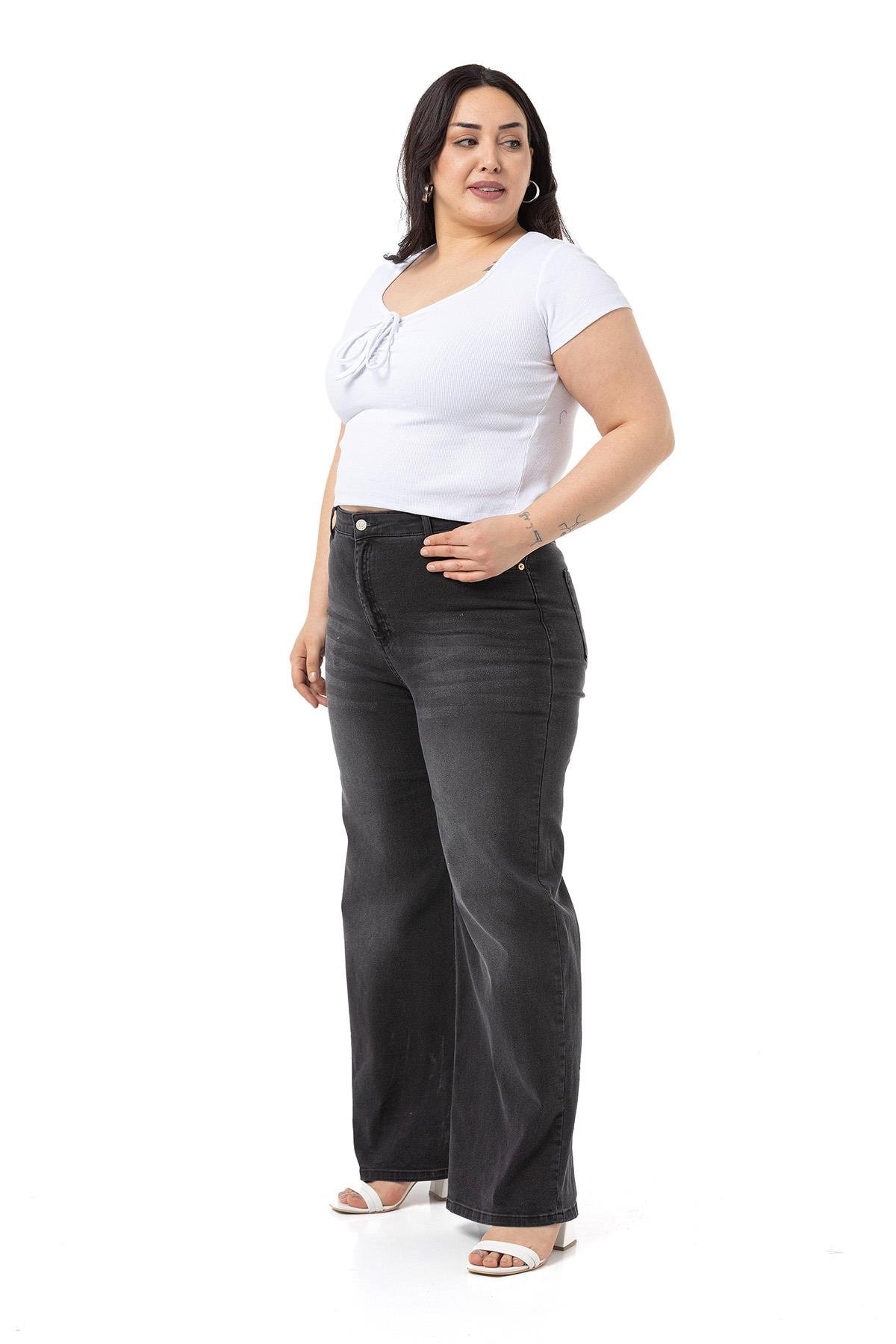 PantsDisentis Modest Büyük Beden Yüksek Bel Geniş Paça Antrasit Denim PantolonDISENTIS MODESTBüyük Beden Yüksek Bel Geniş Paça Antrasit Denim Pantolon