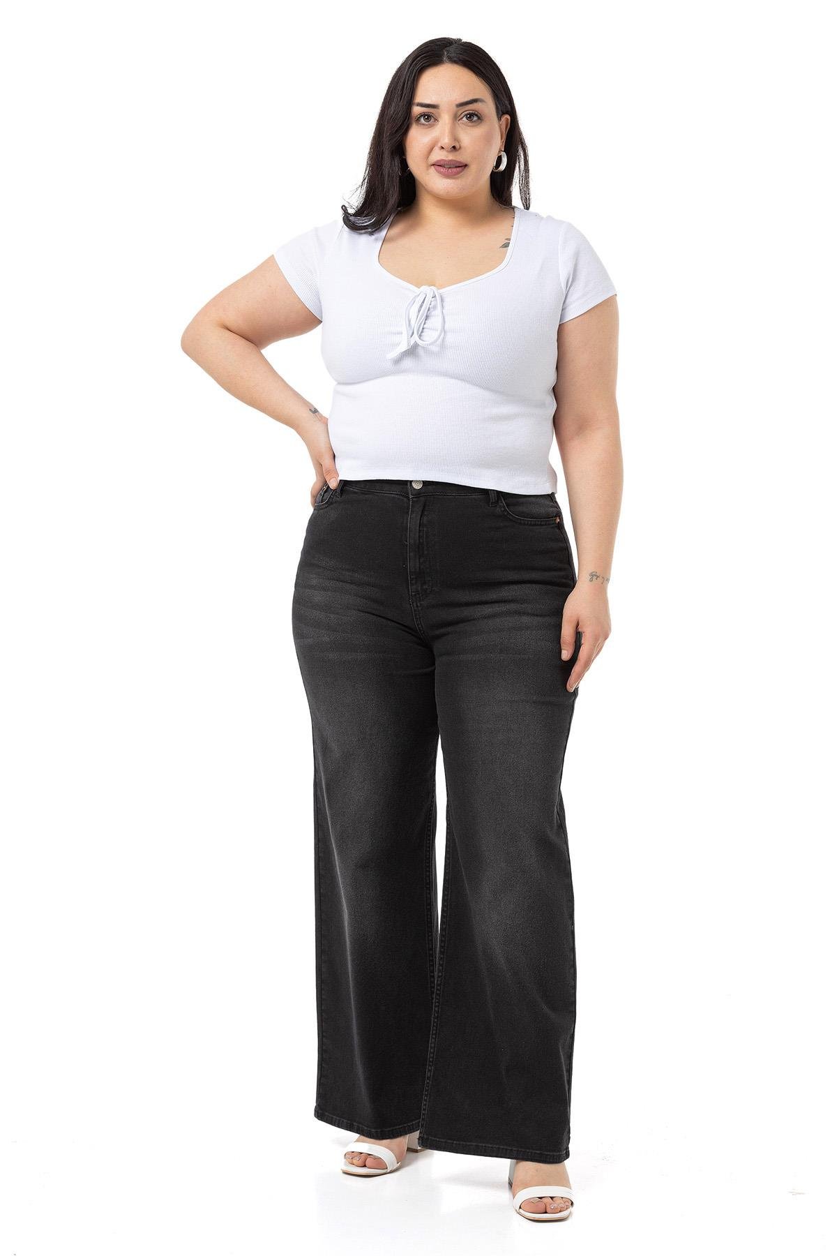 PantsDisentis Modest Büyük Beden Yüksek Bel Geniş Paça Siyah Denim PantolonDISENTIS MODESTBüyük Beden Yüksek Bel Geniş Paça Siyah Denim Pantolon