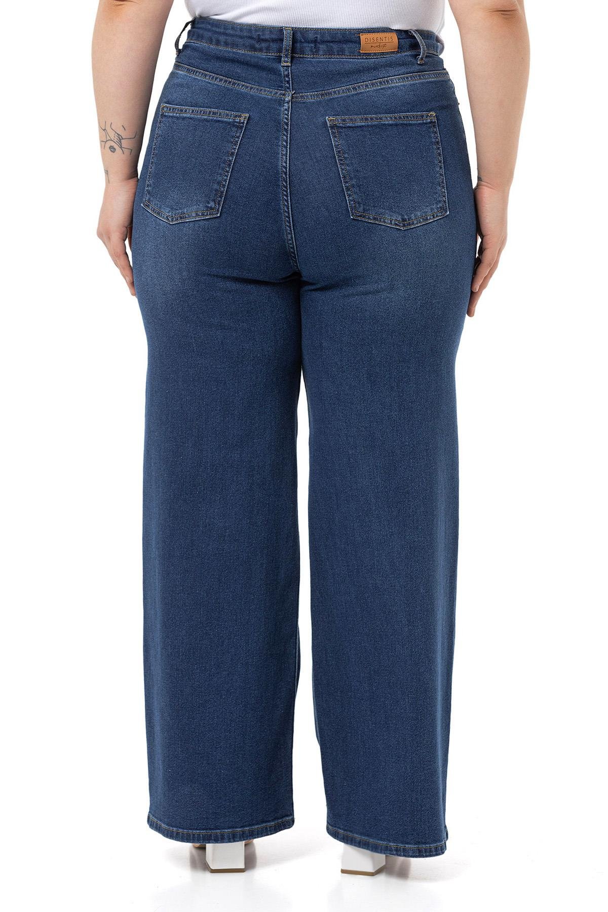 PantolonDisentis Modest Büyük Beden Yüksek Bel Geniş Paça Mavi Denim PantolonDISENTIS MODESTBüyük Beden Yüksek Bel Geniş Paça Mavi Denim Pantolon