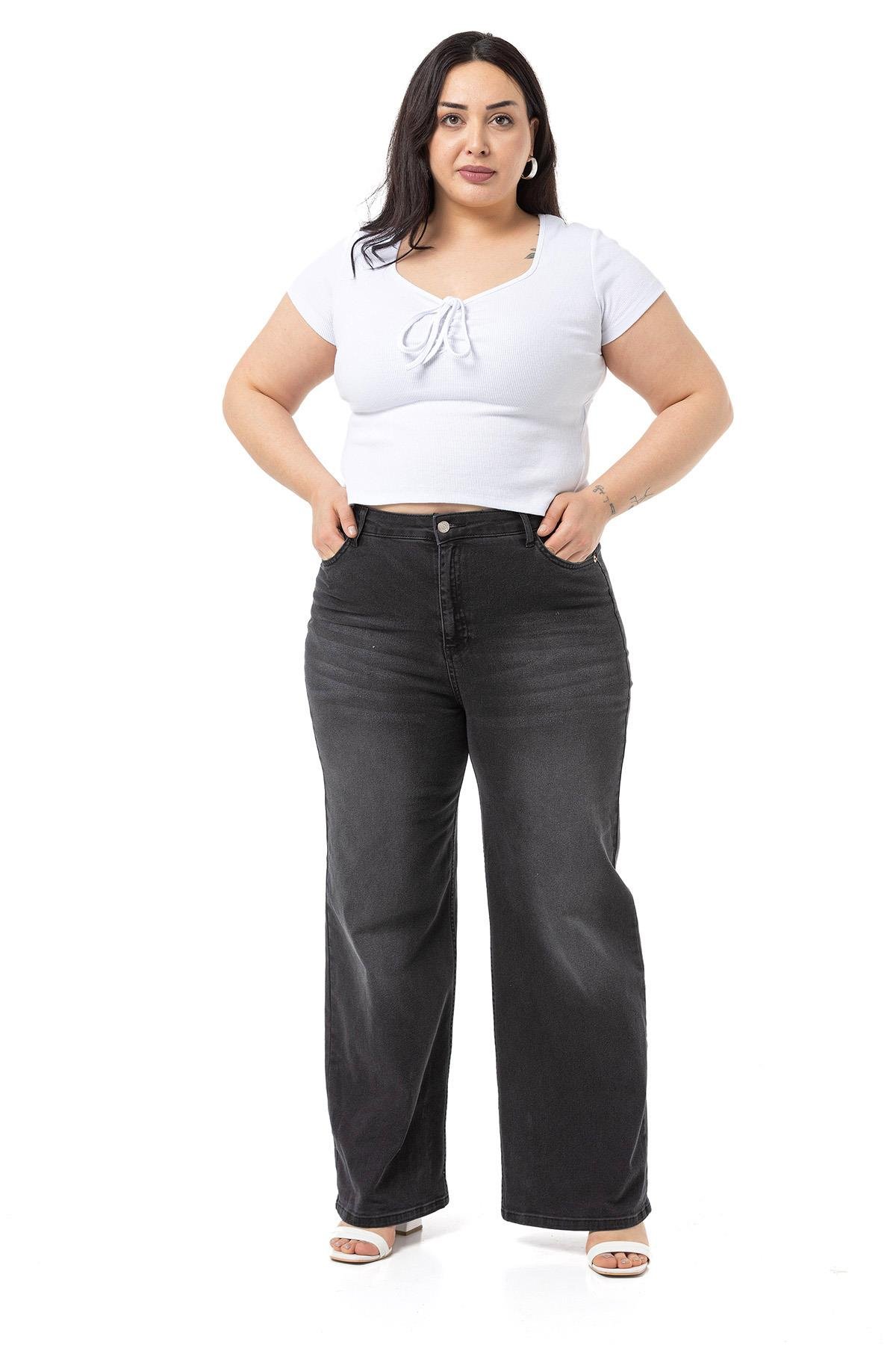 PantsDisentis Modest Büyük Beden Yüksek Bel Geniş Paça Antrasit Denim PantolonDISENTIS MODESTBüyük Beden Yüksek Bel Geniş Paça Antrasit Denim Pantolon