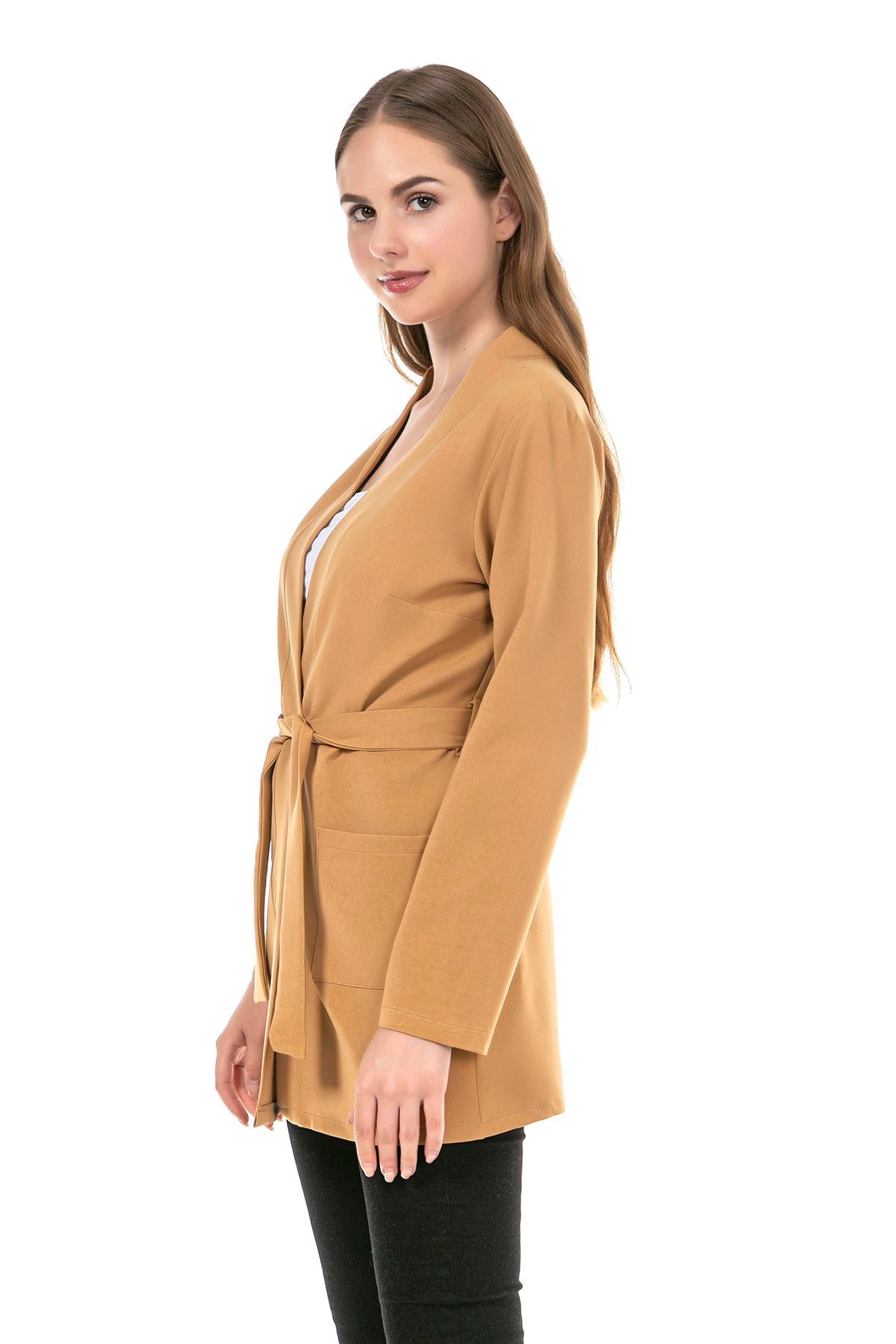 Şal Yaka Kendinden Kuşaklı Cepli Astarsız Camel Ceket