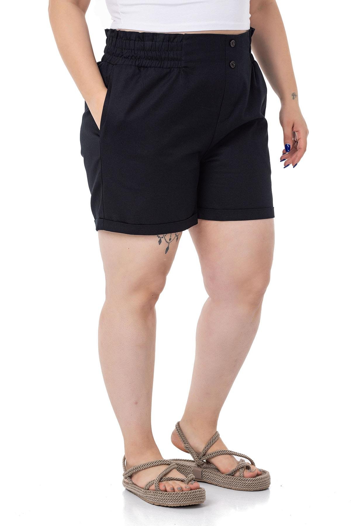 ShortsDISENTIS MODEST BÜYÜK BEDEN BELİ YAN VE ARKADAN LASTİKLİ PAÇASI KATLAMA DETAYLI GABARDİN SİYAH ŞORTDISENTIS MODESTBüyük Beden Beli Yan ve Arkadan Lastikli Paçası Katlama Detaylı Gabardin Siyah Şort