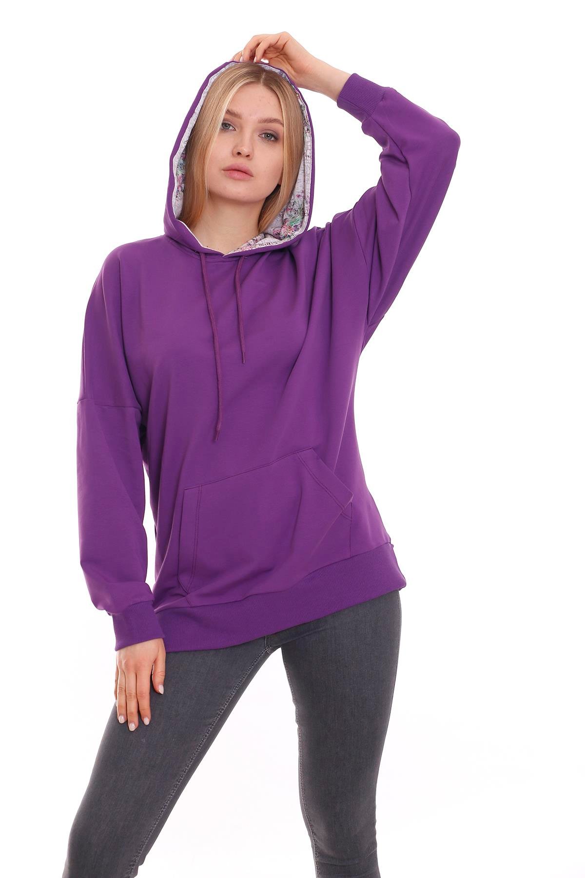 SweatshirtKapüşonu Çiçek Desenli Uzun Kollu Kanguru Cepli Oversize SweatshirtdisentisKapüşonu Çiçek Desenli Uzun Kollu Kanguru Cepli Oversize Mor Sweatshirt