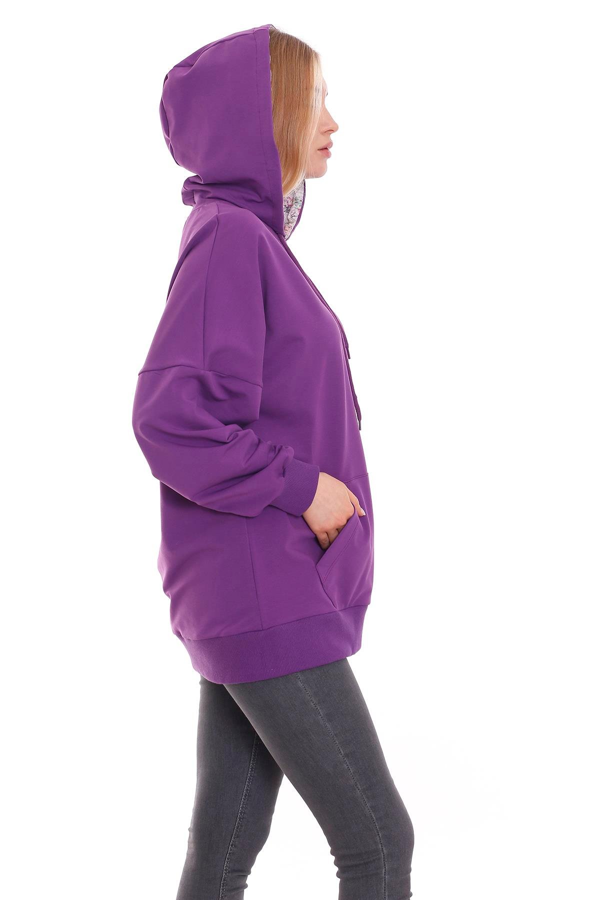 SweatshirtKapüşonu Çiçek Desenli Uzun Kollu Kanguru Cepli Oversize SweatshirtdisentisKapüşonu Çiçek Desenli Uzun Kollu Kanguru Cepli Oversize Mor Sweatshirt