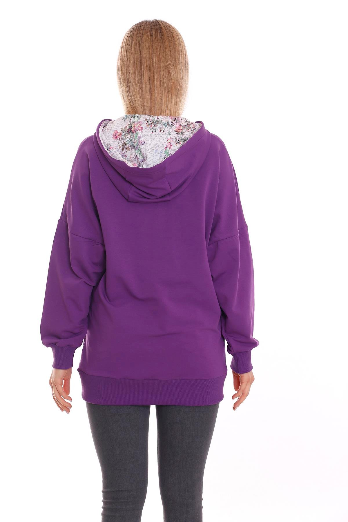 SweatshirtKapüşonu Çiçek Desenli Uzun Kollu Kanguru Cepli Oversize SweatshirtdisentisKapüşonu Çiçek Desenli Uzun Kollu Kanguru Cepli Oversize Mor Sweatshirt