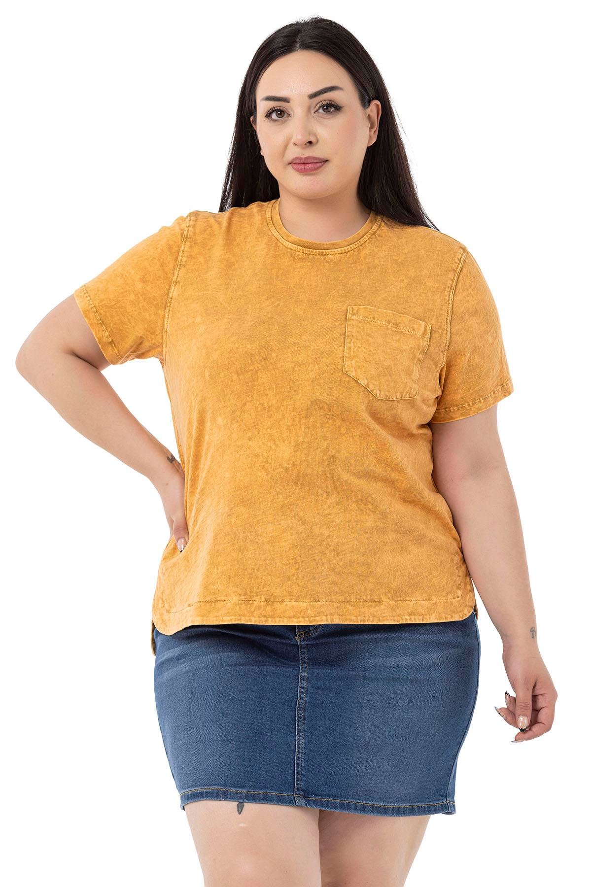 T-ShirtDisentis Modest Büyük Beden Parça Boyalı Bisiklet Yaka Kavisli Yırtmaçlı Hardal T-shirtDISENTIS MODESTBüyük Beden Parça Boyalı Bisiklet Yaka Kavisli Yırtmaçlı Hardal T-shirt