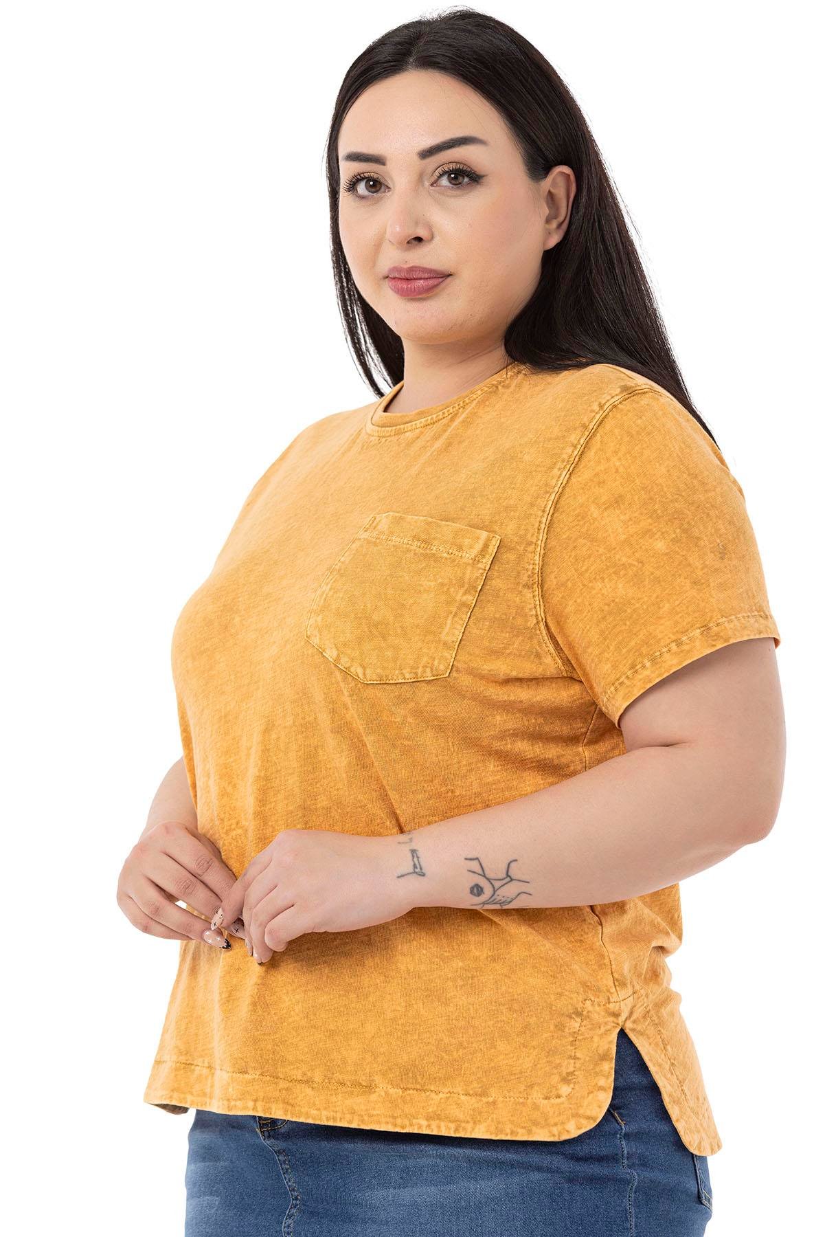 T-ShirtDisentis Modest Büyük Beden Parça Boyalı Bisiklet Yaka Kavisli Yırtmaçlı Hardal T-shirtDISENTIS MODESTBüyük Beden Parça Boyalı Bisiklet Yaka Kavisli Yırtmaçlı Hardal T-shirt