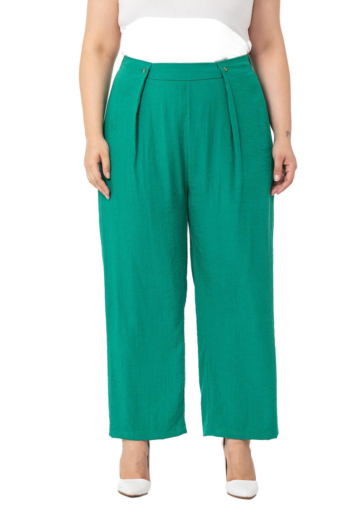 TEK KALANLARDisentis Modest Beli Lastikli Önden Düğme Detaylı Arkası Cepli Geniş Paça Yeşil PantolonDISENTIS MODESTBüyük Beden Beli Lastikli Önden Düğme Detaylı Arkası Cepli Geniş Paça Yeşil Pantolon