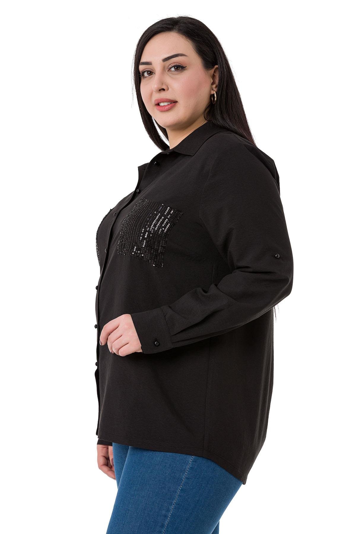 TEK KALANLARDisentis Modest Cepleri Pul Payet İşlemeli Katlanır Uzun Kollu Tensel Kumaş Siyah GömlekDISENTIS MODESTBüyük Beden Cepleri Pul Payet İşlemeli Katlanır Uzun Kollu Tensel Kumaş Siyah Gömlek