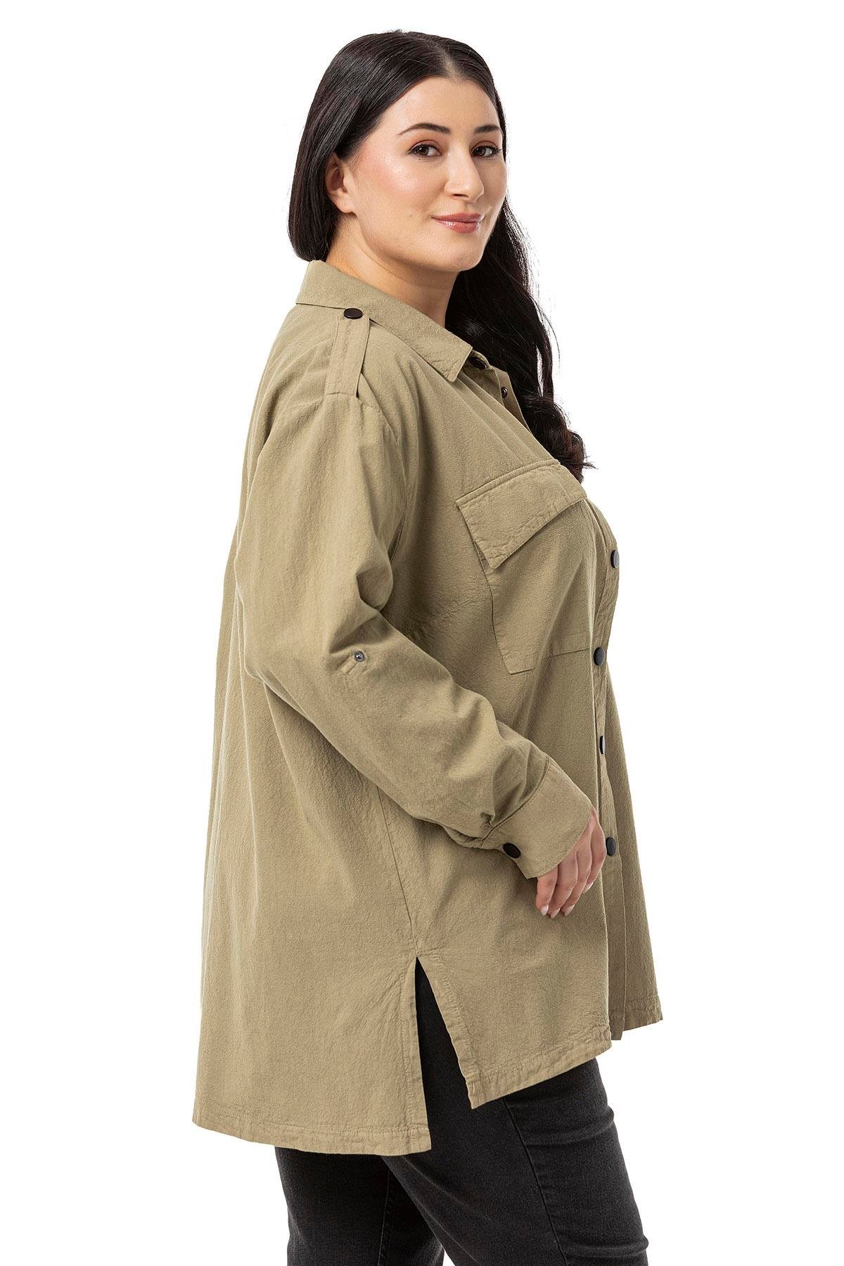 TEK KALANLARDisentis Modest Çıt Çıt Detaylı Kolları Katlanır Haki Gömlek DISENTIS MODESTBüyük Beden Çıt Çıt Detaylı Kolları Katlanır Haki Gömlek 