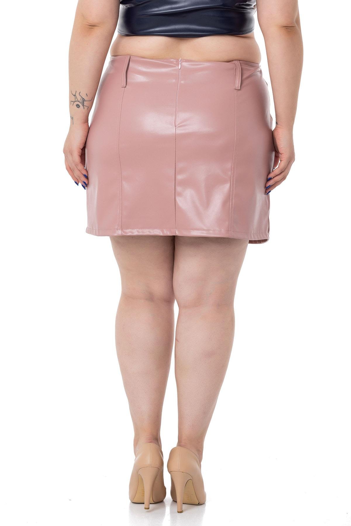 TEK KALANLARBüyük Beden Deri Pembe Mini Dar EtekDISENTIS MODESTBüyük Beden Deri Pembe Mini Dar Etek